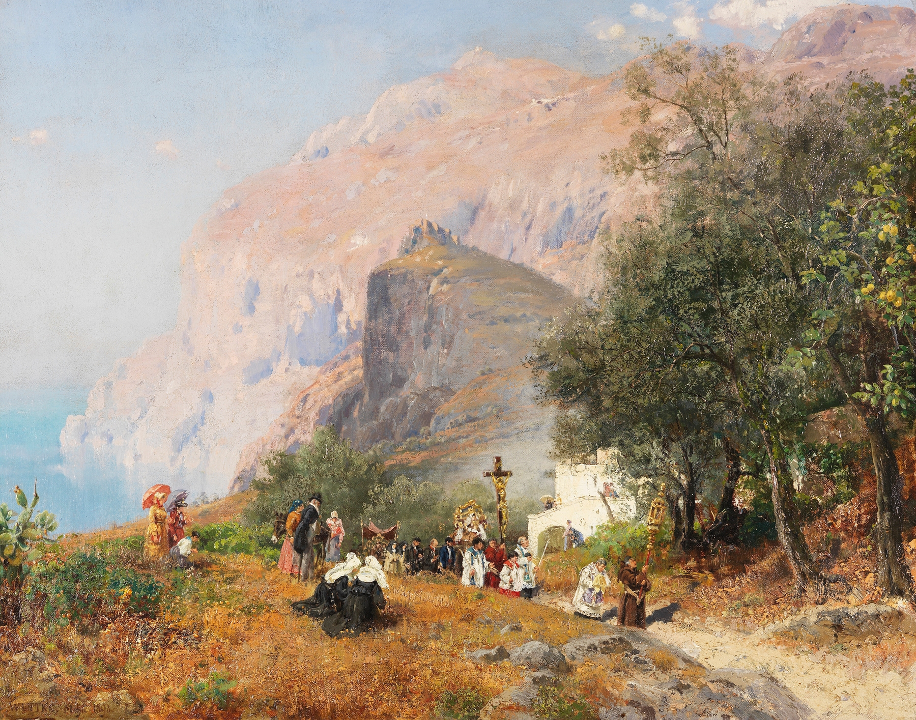Genre scene depicting a procession on Capri, oil painting by Carl Wuttke