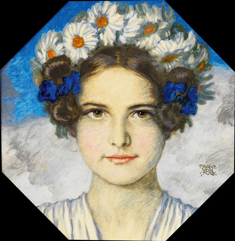 A portrait of Mary Stuck adorned with a daisy crown.