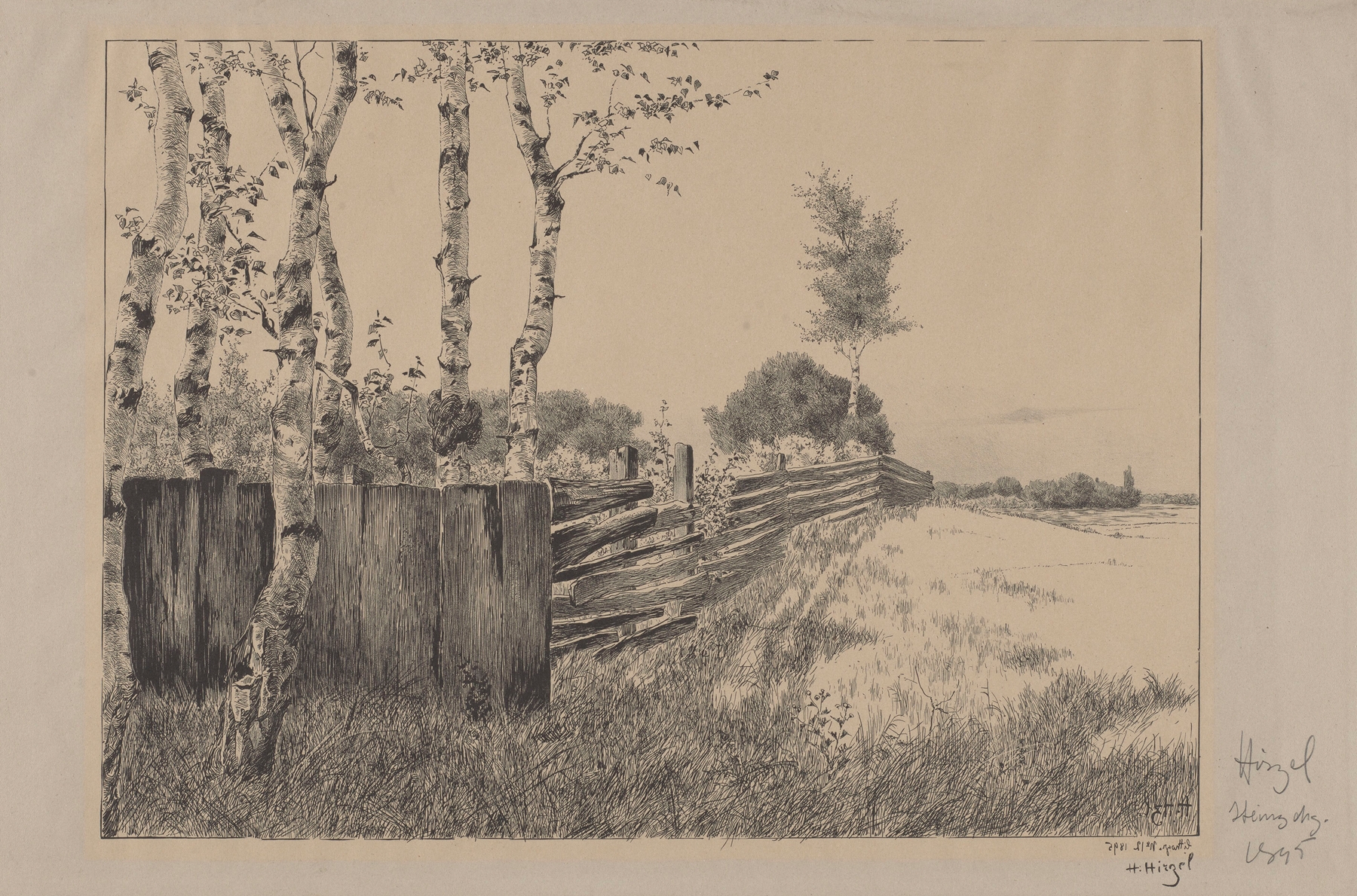 Oil painting by Hermann Hirzel depicting a landscape with a fence and figures under sunlight.