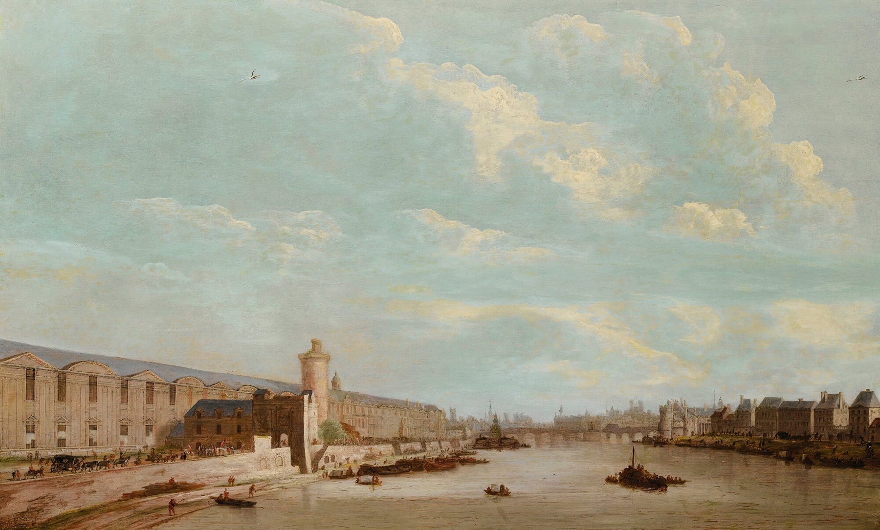 View of Paris from the Pont-royal with the Grande galerie du Louvre, the Pont-Neuf and the Nesle tower, by Abraham de Verwer, public domain