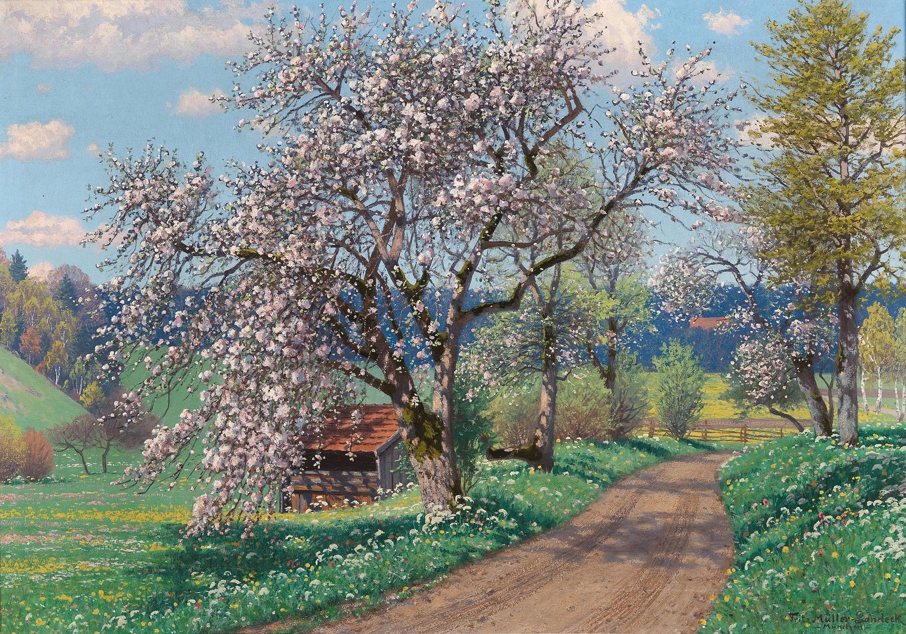 A Spring Day by Fritz Müller-Landeck, impressionism, depicting a vibrant spring landscape with flowers and greenery.