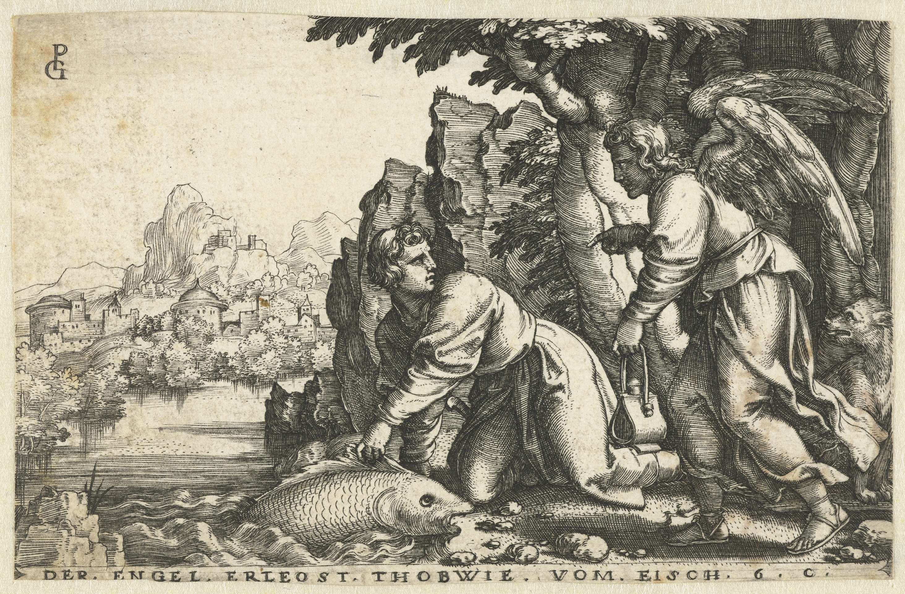 Engraving by Georg Pencz depicting Tobias catching a large fish with an angel.