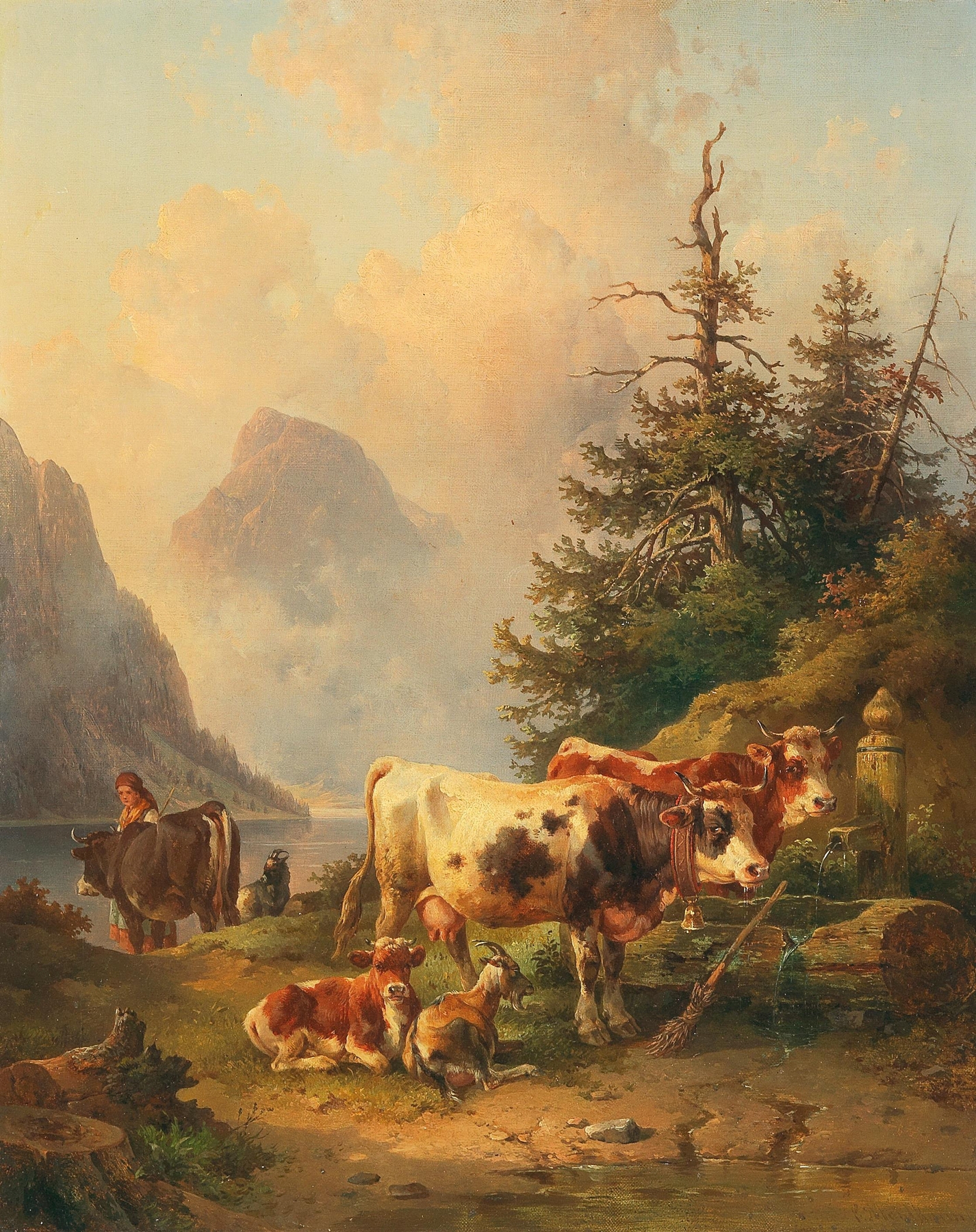 Herd of animals and a shepherdess by Edmund Mahlknecht, oil on canvas