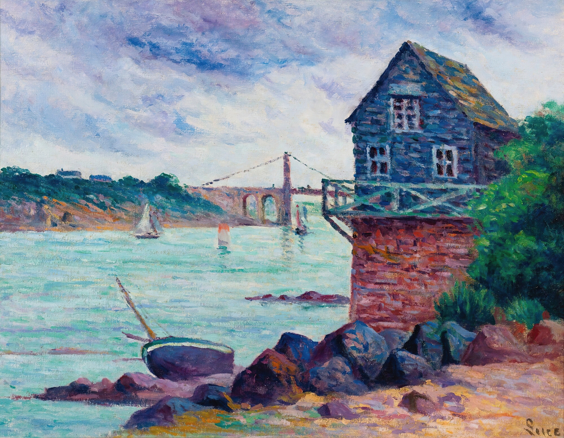 Lézardrieux, Le Pont Suspendu by Maximilien Luce, oil painting depicting a tranquil river landscape