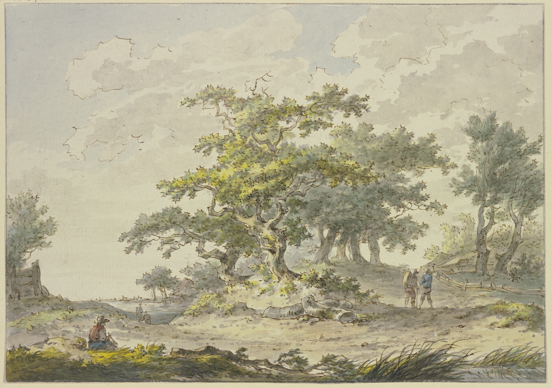 Oil painting by Hermanus van Brussel depicting oak trees with wanderers and a seated figure.