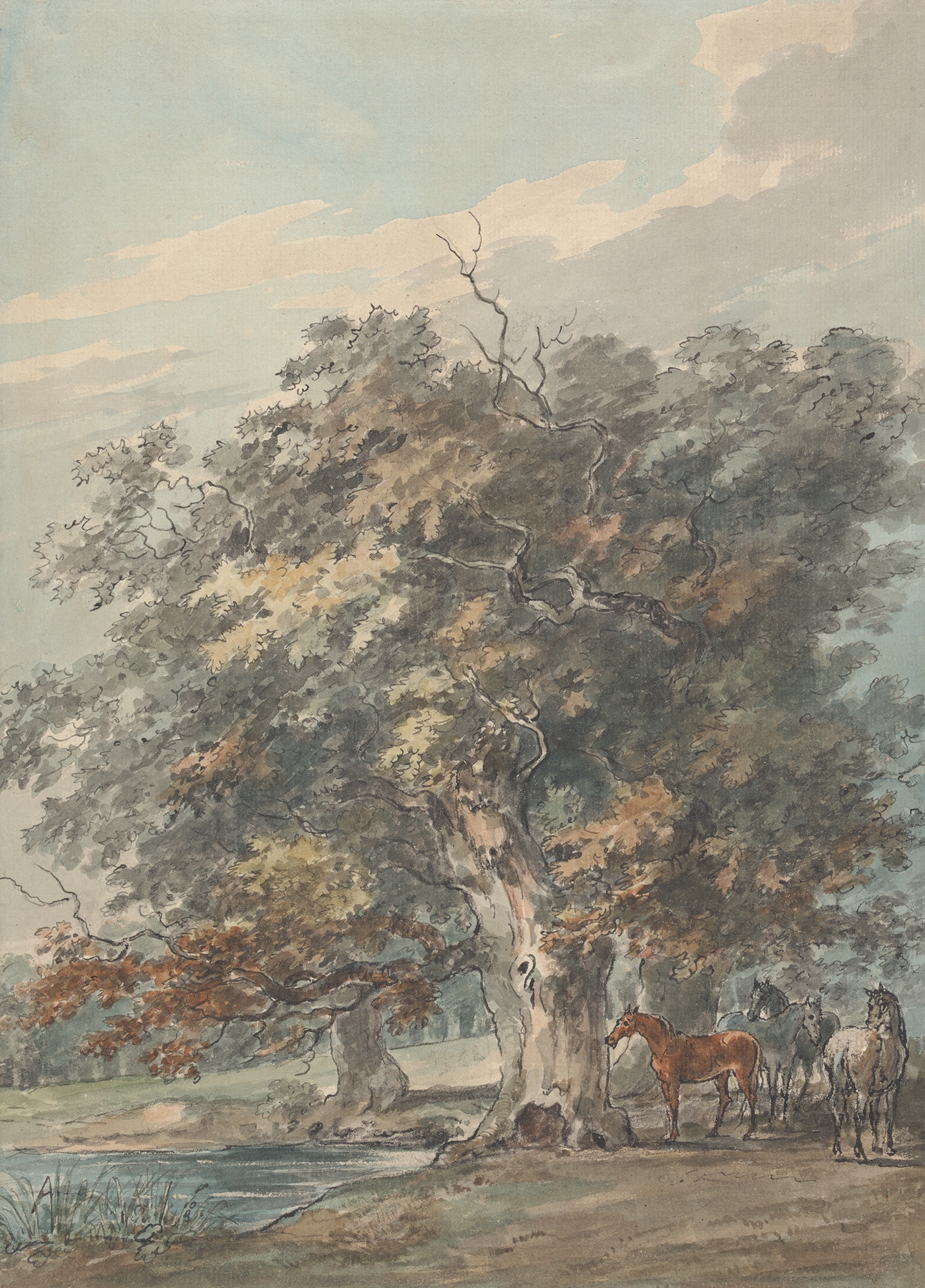 Four horses under trees by water, oil on canvas by Sawrey Gilpin