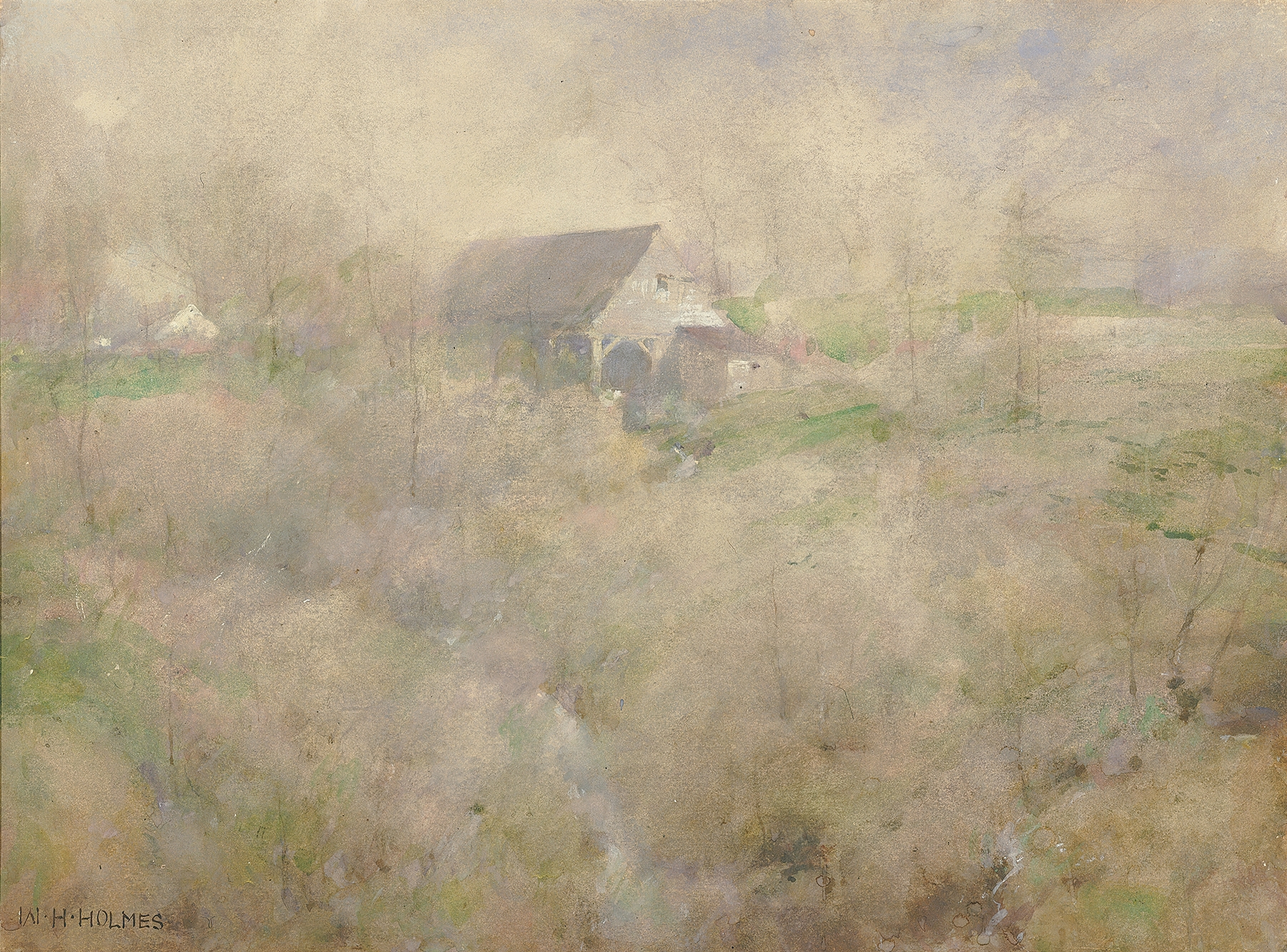 Oil painting by William Henry Holmes featuring a mill and a gnarled tree in golden light.