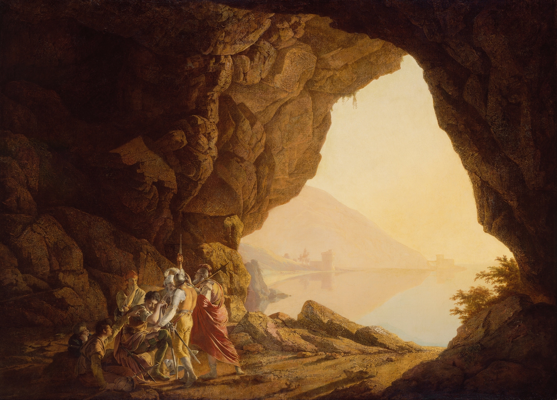 Grotto by the Seaside in the Kingdom of Naples with Banditti, Sunset, by Joseph Wright of Derby, public domain