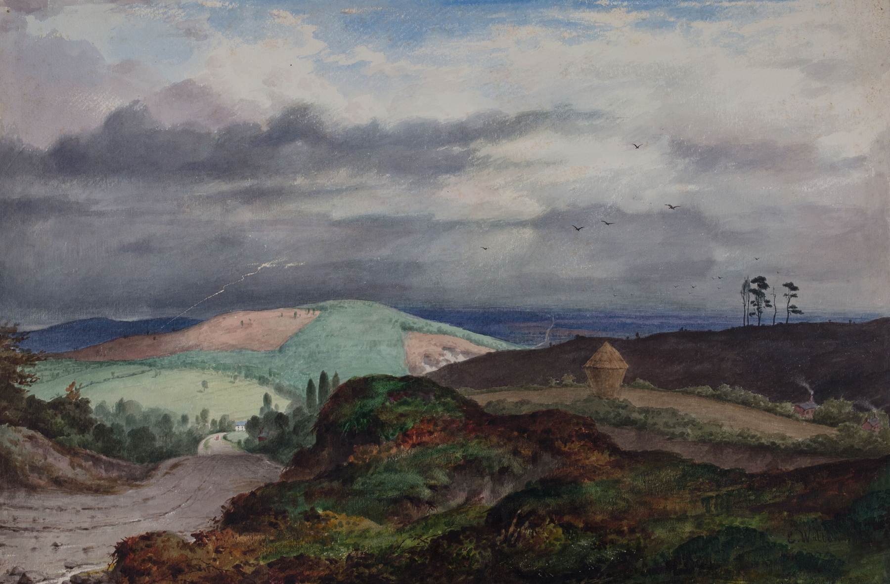 Oil painting by Elijah Walton depicting a stormy landscape with dark clouds and light.