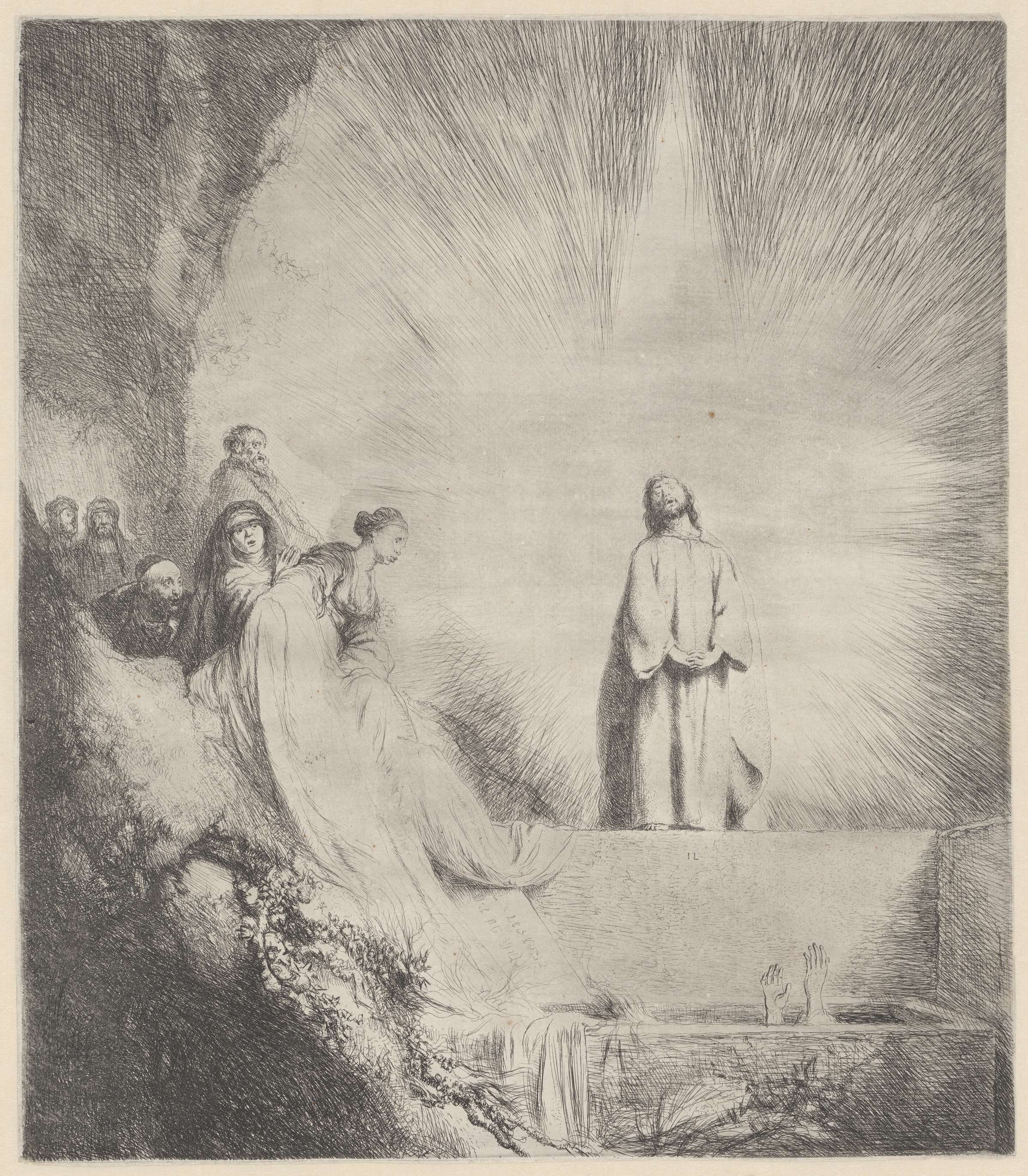 Etching by Jan Lievens showing Lazarus emerging from shadows, surrounded by figures in earth tones.