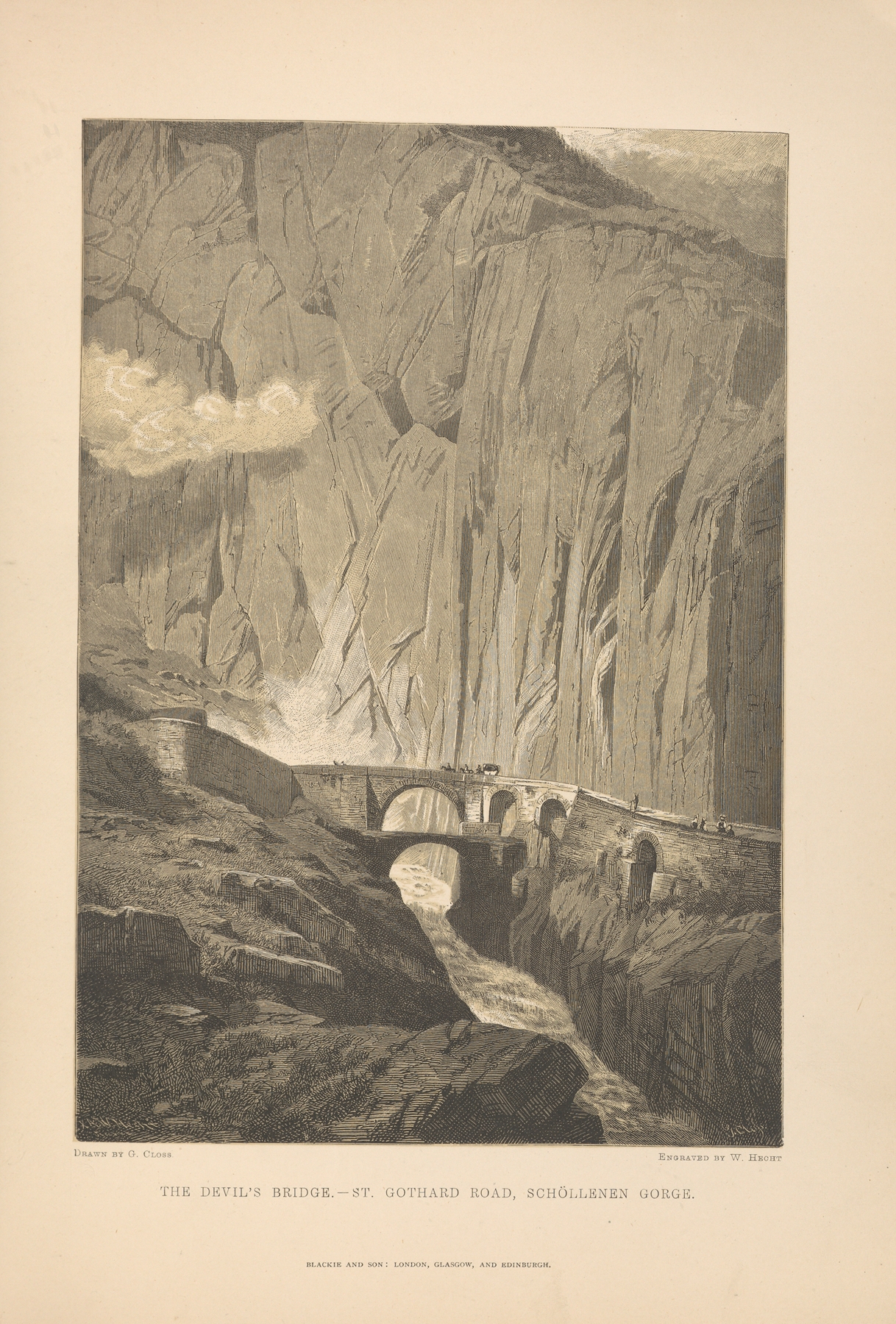 G.‎ ‎Closs – The‎ ‎Devil’s‎ ‎Bridge—St.‎ ‎Gothard‎ ‎Road,‎ ‎Schóllenen‎ ‎Gorge, by Theodor Gsell Fels, public domain