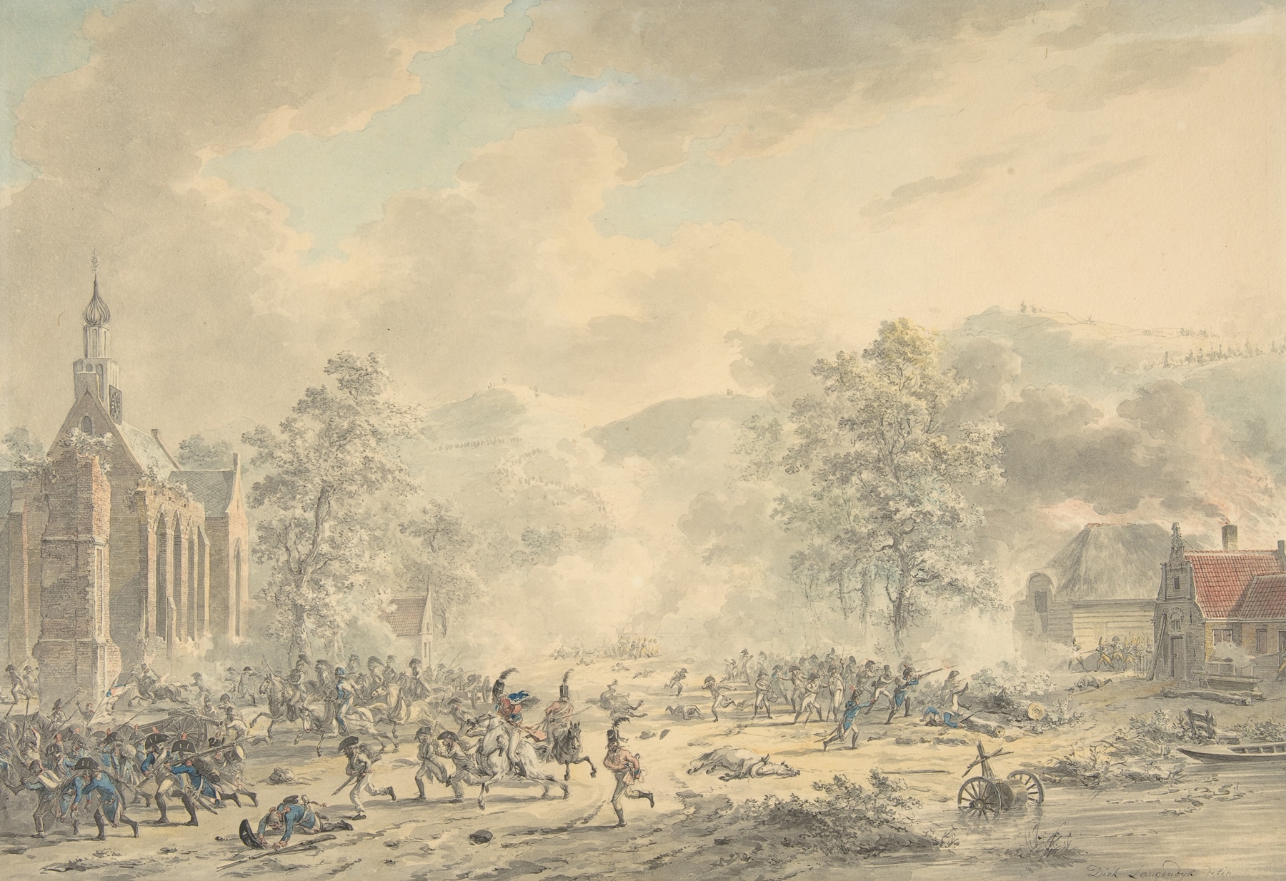 Battle scene with warriors and a church, oil painting by Dirk Langendijk