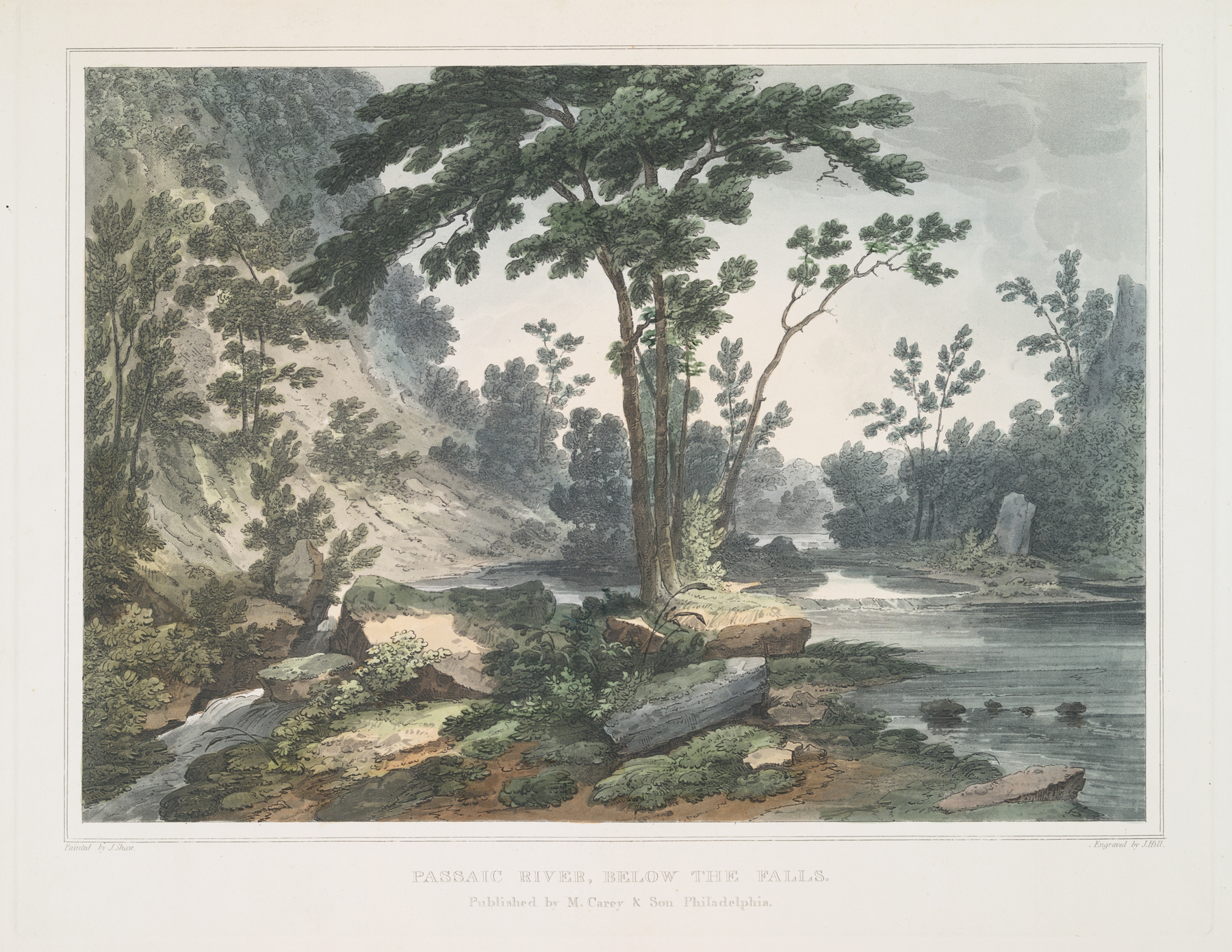 Passaic River, below the falls by Joshua Shaw, oil painting depicting rushing waters and lush greenery.