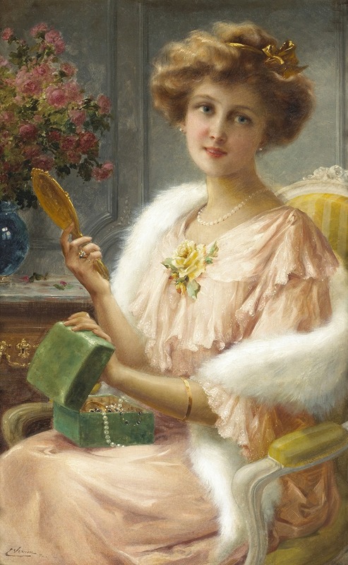 A young lady gazes into a mirror, surrounded by soft colors and delicate details.