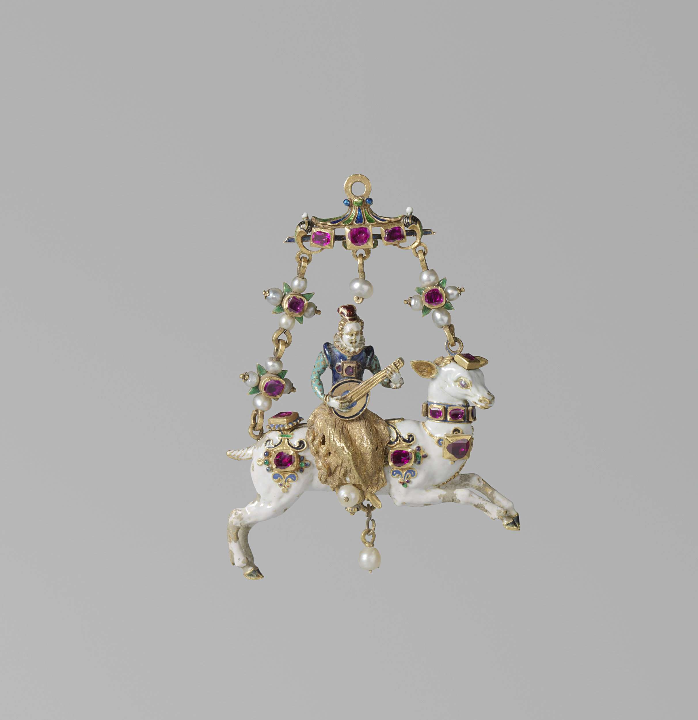 Figurative artwork depicting a lute player and a deer, metal medium, Unknown Artist
