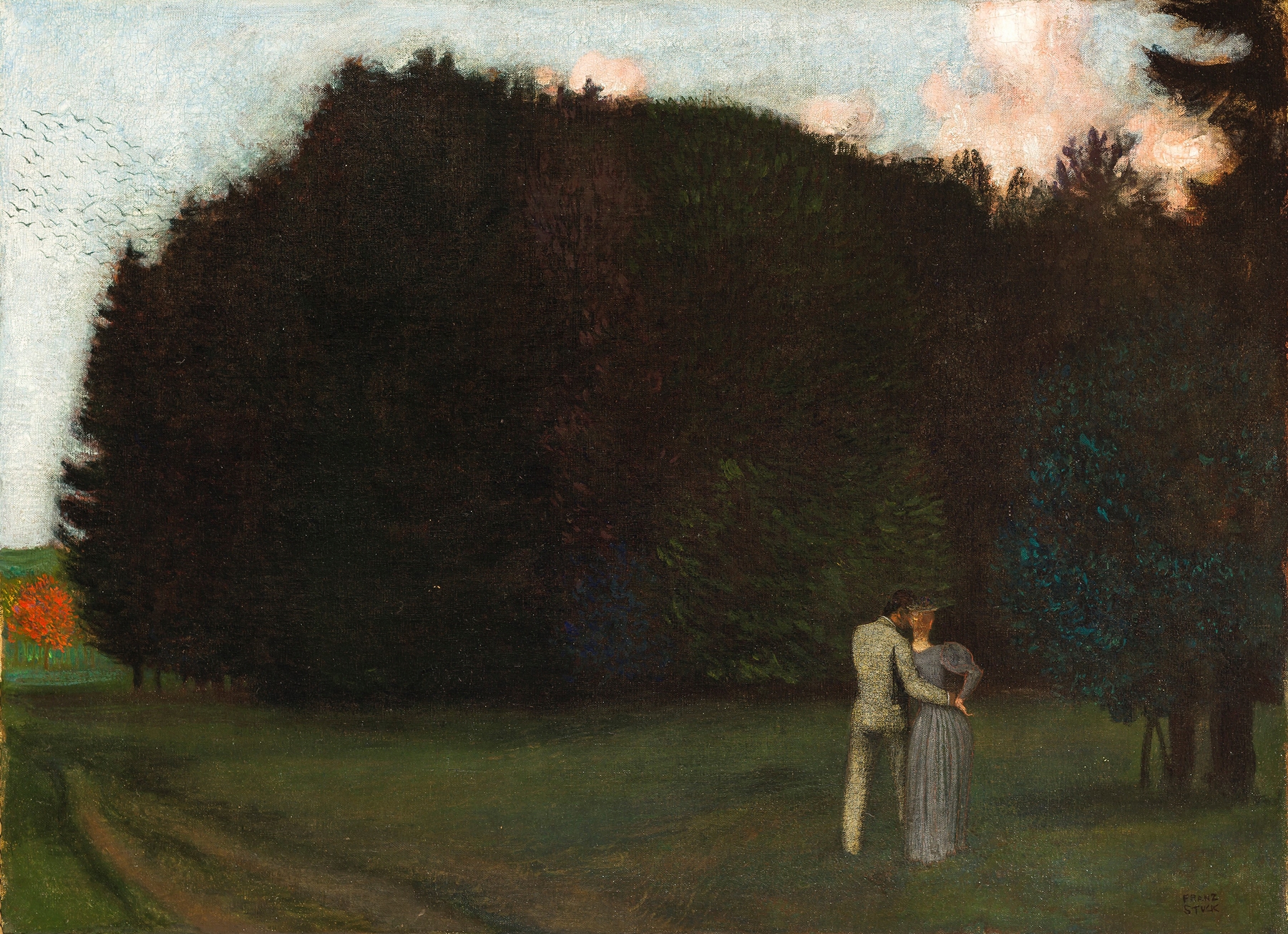 Couple in dappled light at the forest edge, oil on canvas by Franz von Stuck