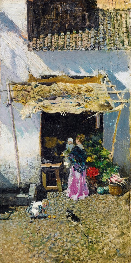 A young woman in a lilac skirt stands in front of a vegetable shop.