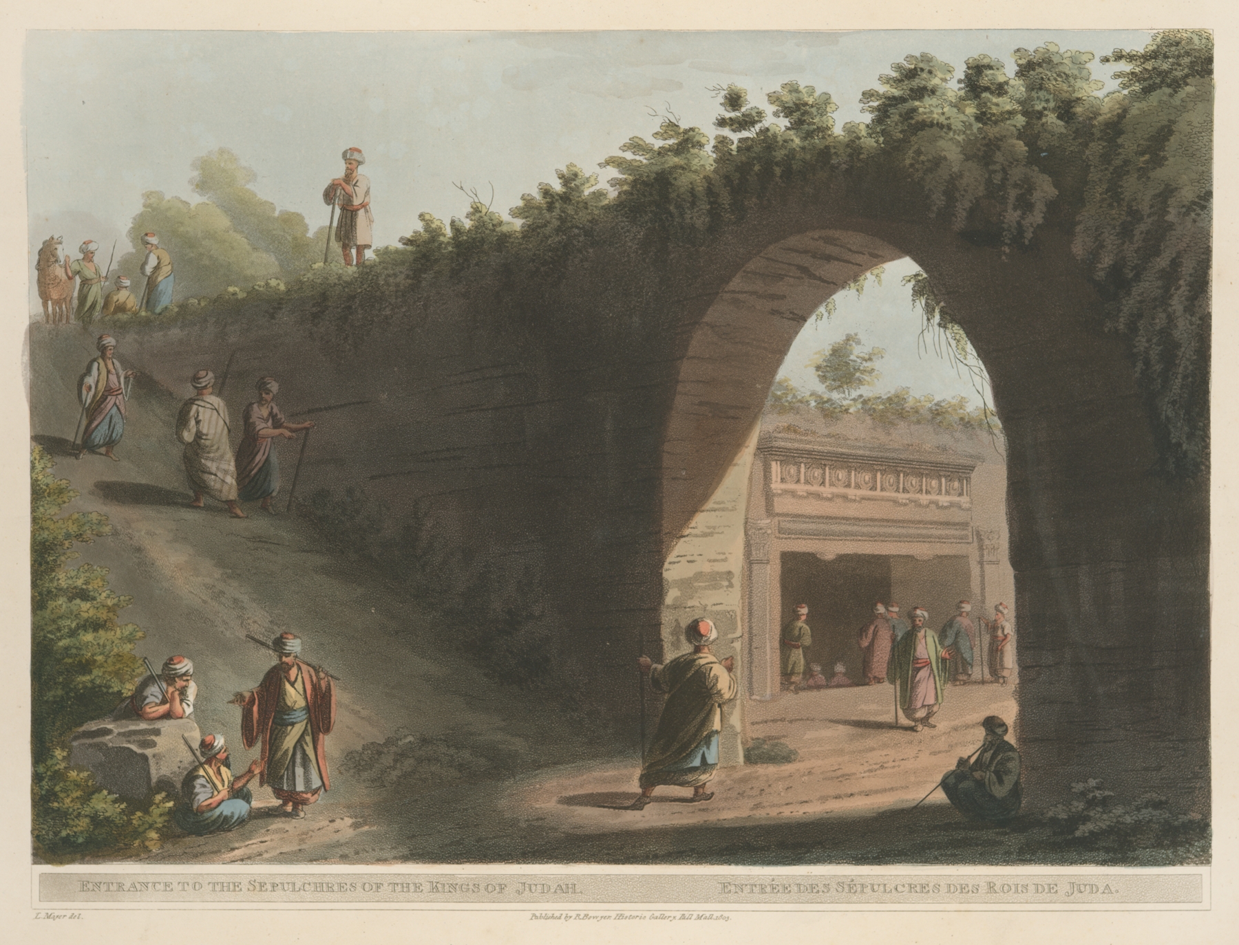 Entrance to the Sepulchres of the Kings of Judah engraving by Luigi Mayer, featuring ancient stone carvings.