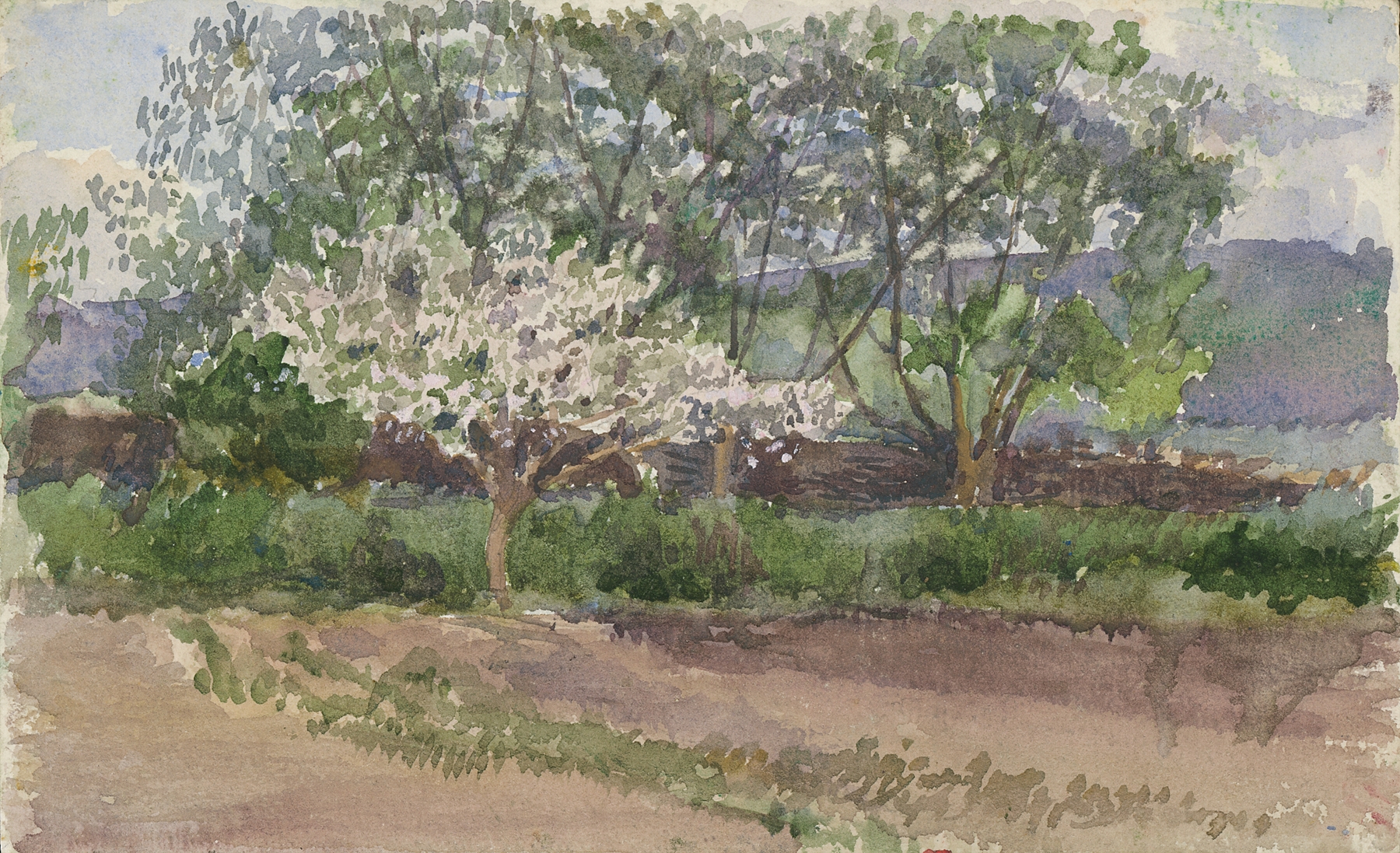 Blooming Tree by Ladislav Mednyánszky, depicting a tree with pink blossoms and soft light, impressionism
