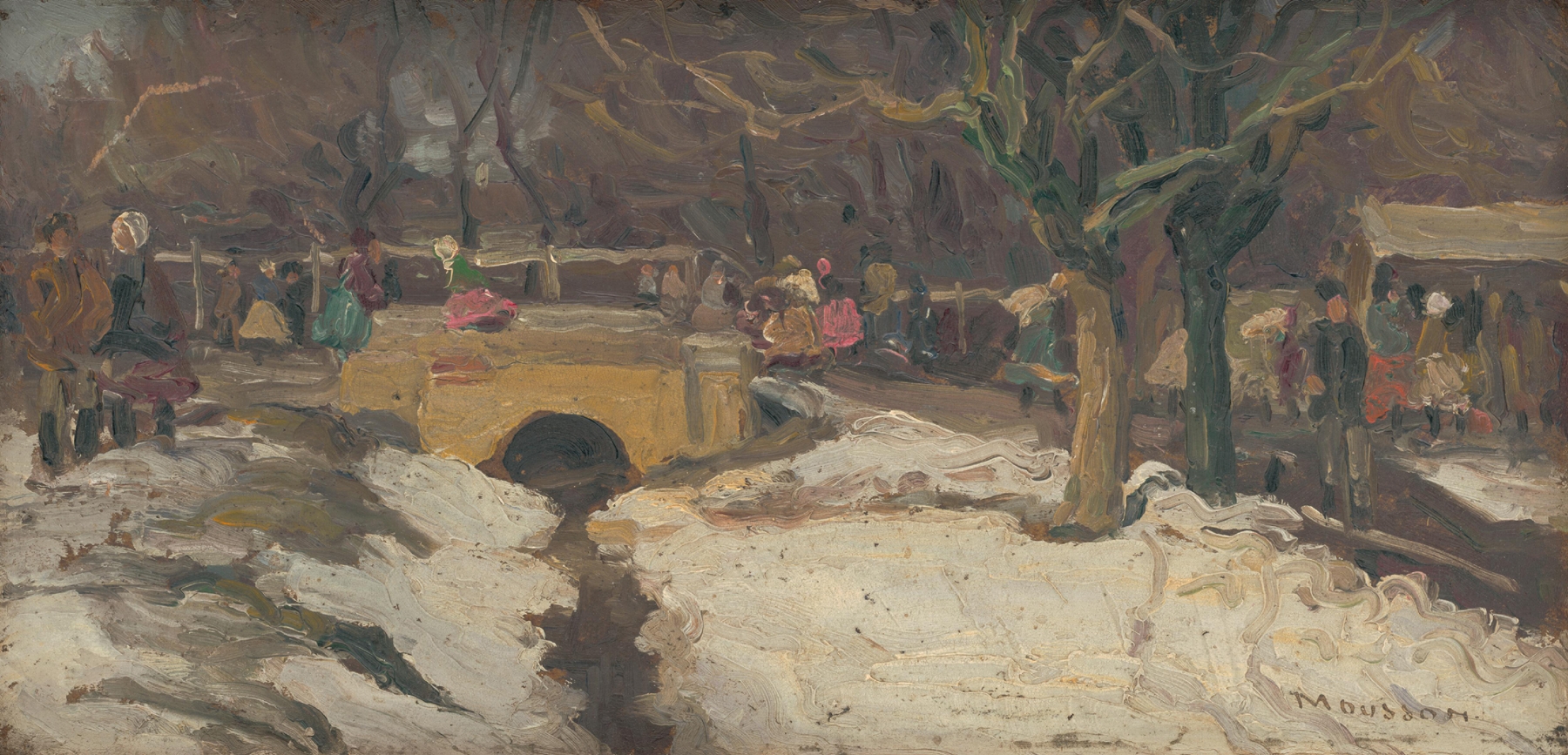 Market by Jozef Teodor Mousson, oil on canvas depicting a lively marketplace with figures and warm light.