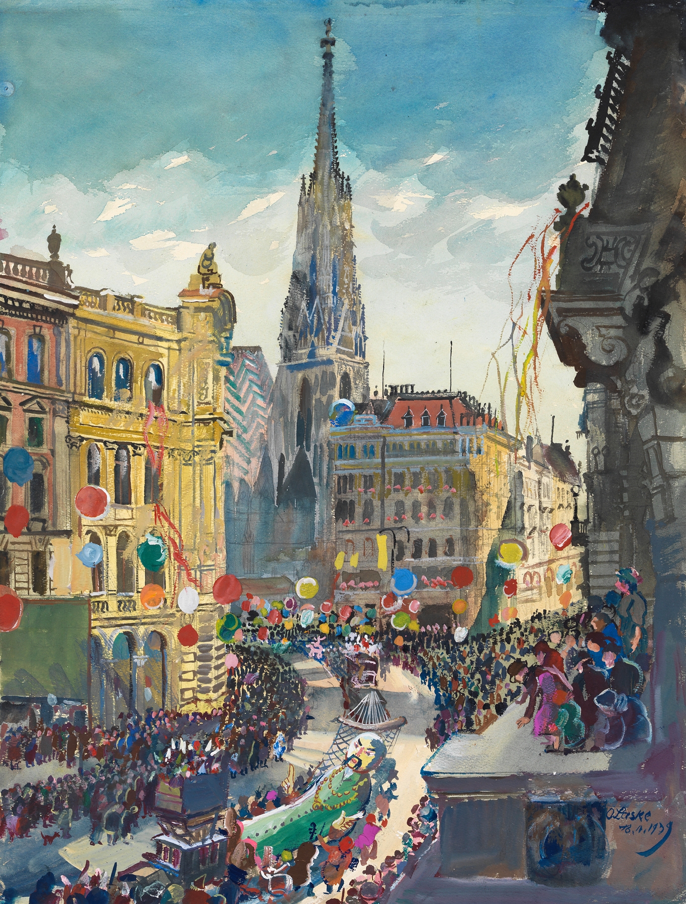 Faschingszug in Wien am 18. Februar 1939 by Oskar Laske, oil on canvas depicting a colorful celebration.