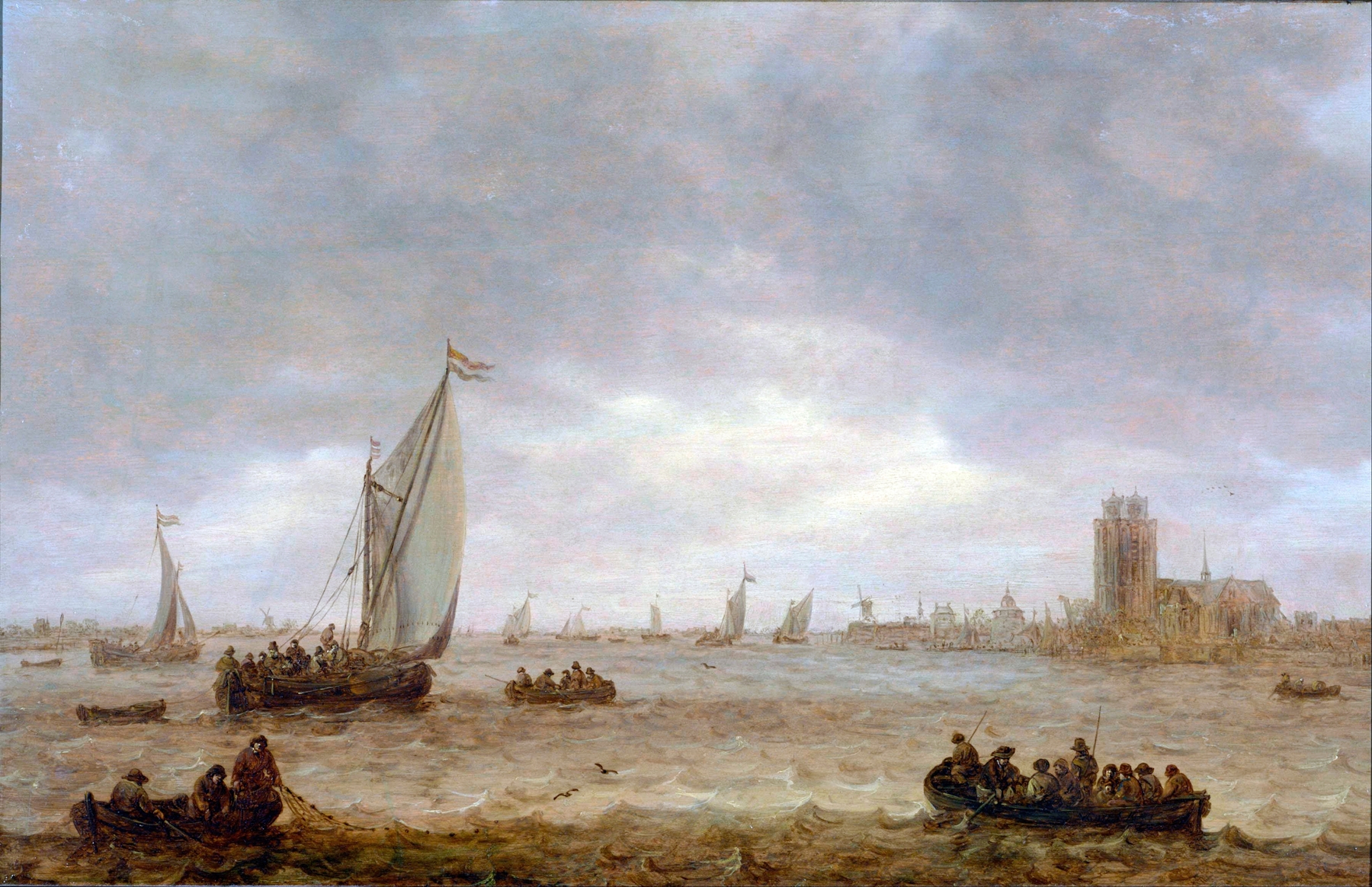 Mouth of the Meuse by Jan van Goyen, oil painting depicting a serene river landscape.