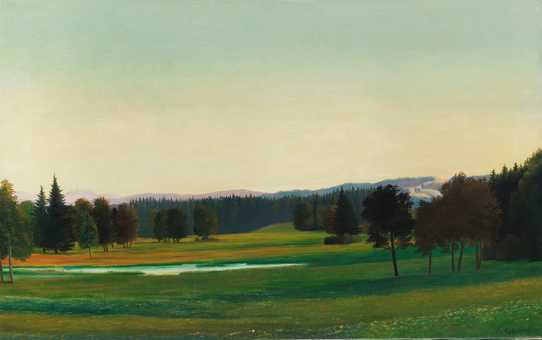 Oberbayerische Landschaft by Georg Schrimpf, oil on canvas depicting a village in a green valley.