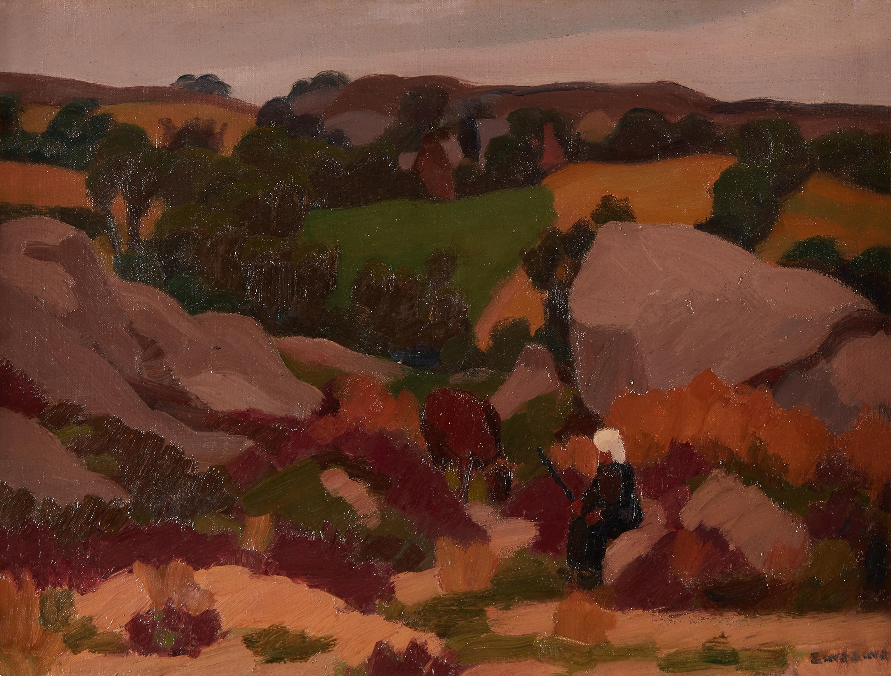 Oil painting by Jules Émile Zingg featuring a young shepherdess in a serene landscape