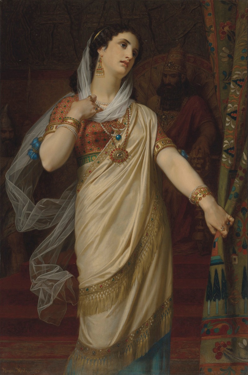 This painting depicts the biblical figure Esther in a moment of contemplation.