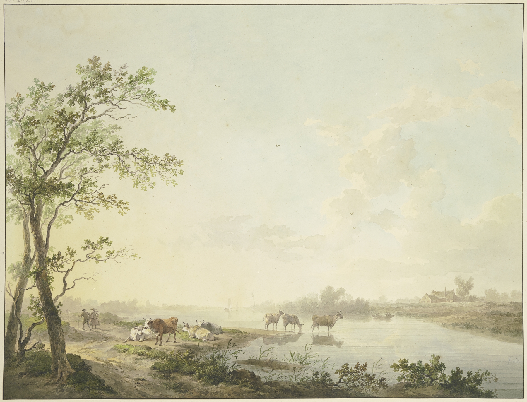 Nebliger Morgen an einem Flusse, oil painting by Abraham Teerlink, featuring cows by a foggy river.