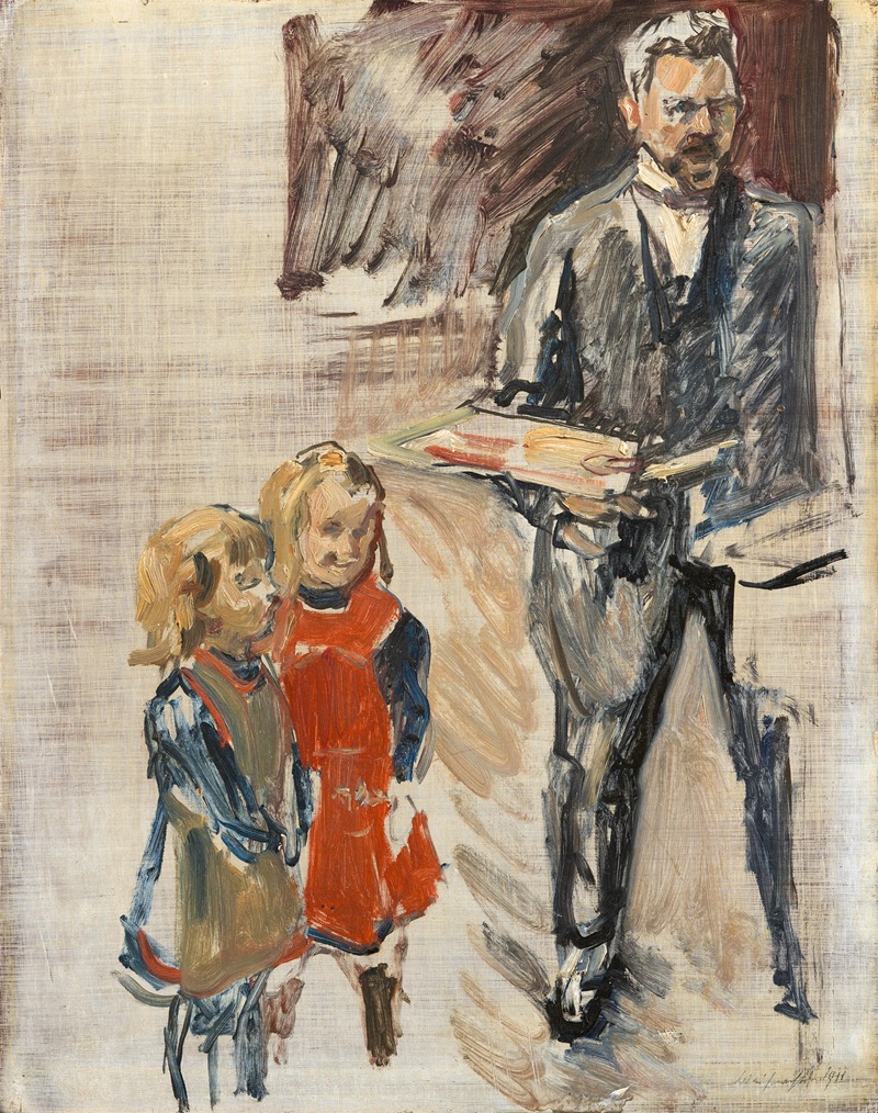 Max Slevogt's self-portrait with children captures a warm, familial moment in an artist's studio.