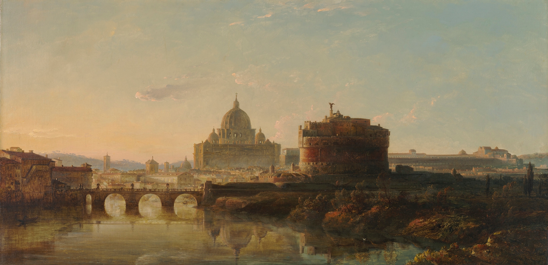 Landscape depicting sunset over Rome with cypress trees, oil painting by Edward William Cooke