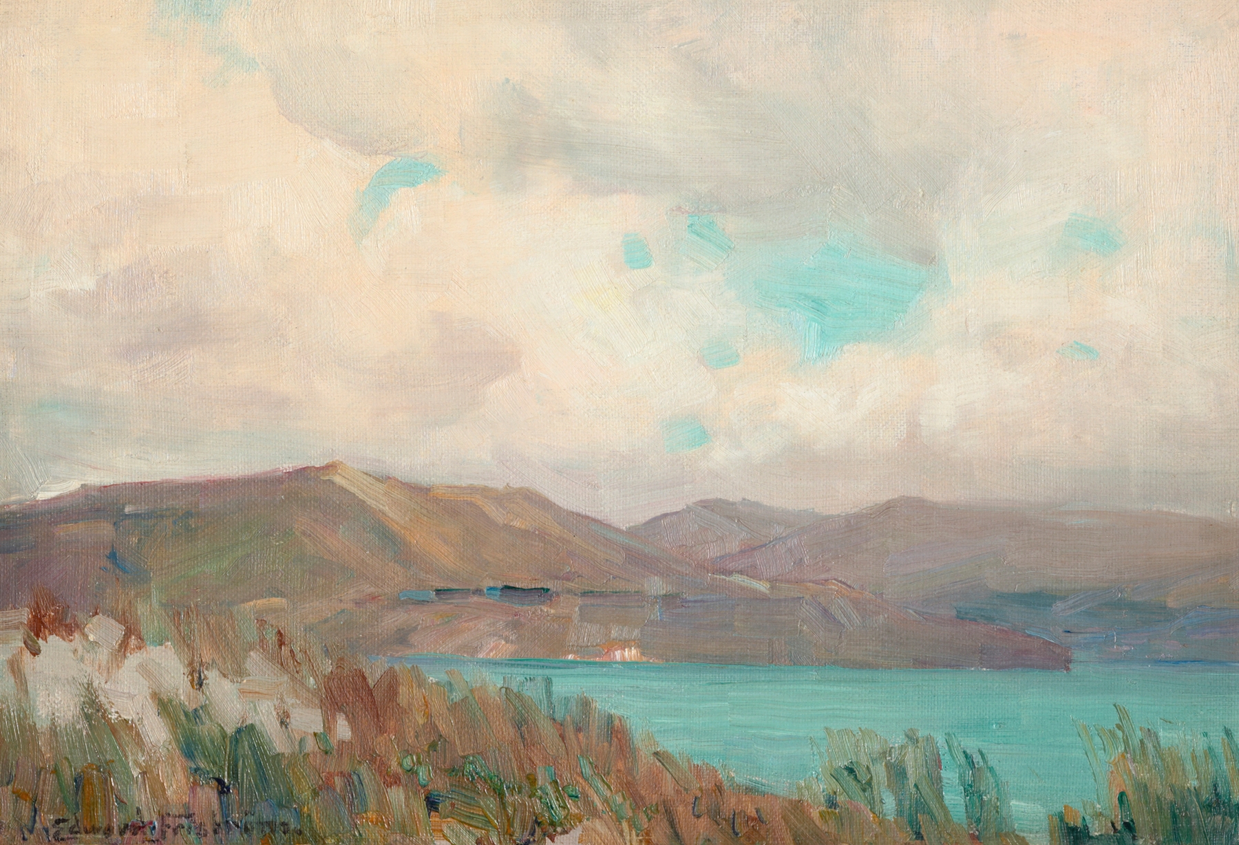 Wellington Harbour from Muritai by Edward Friström, impressionism, depicting waves and vibrant blue sea.