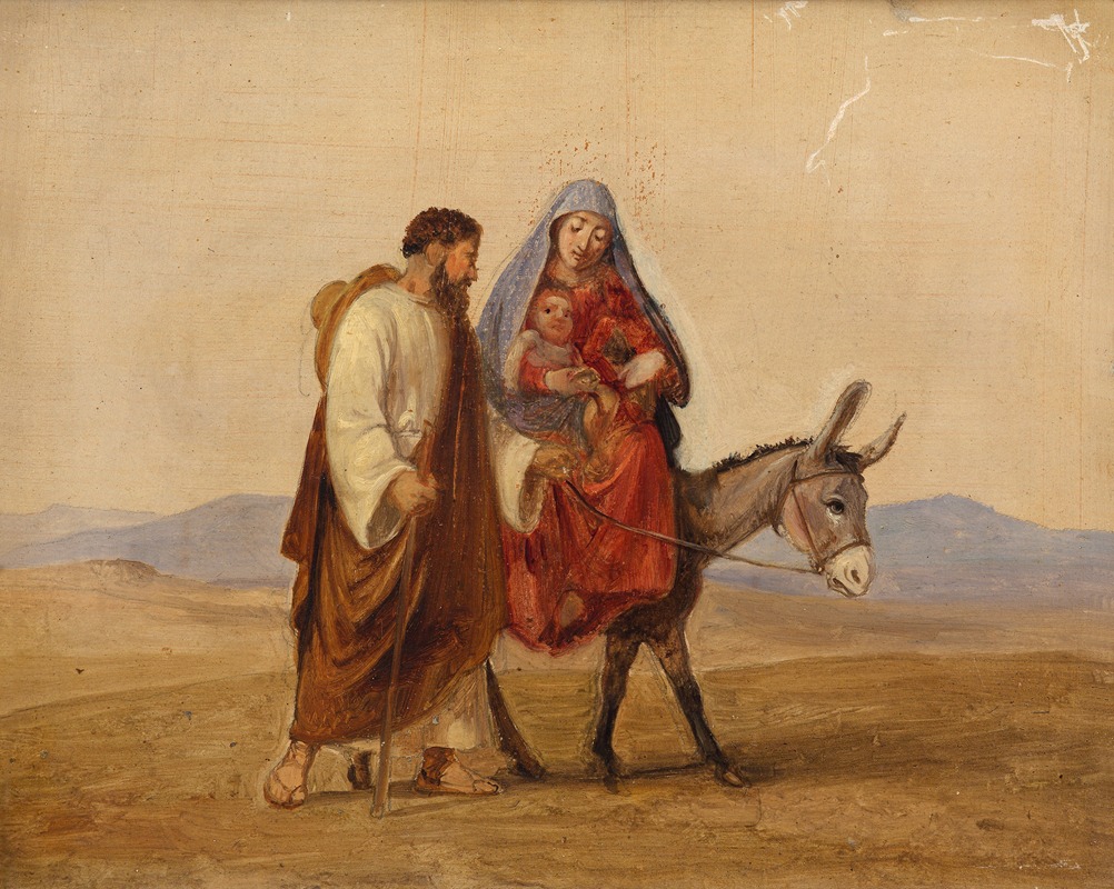 A sketch depicting the Holy Family in a moment of flight.