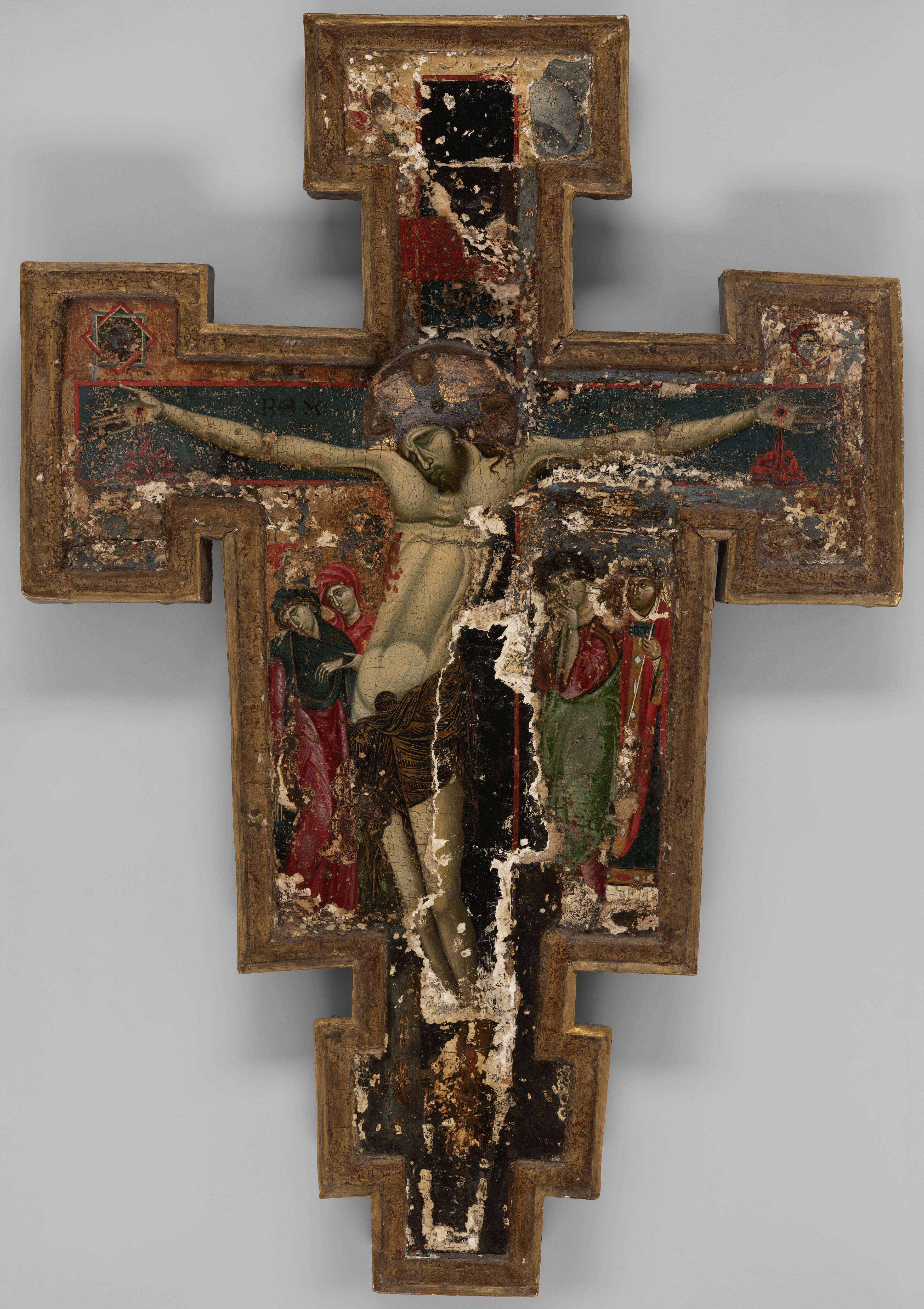 Crucifix with Virgin and Saints, tempera on panel by Master of Saint Clare