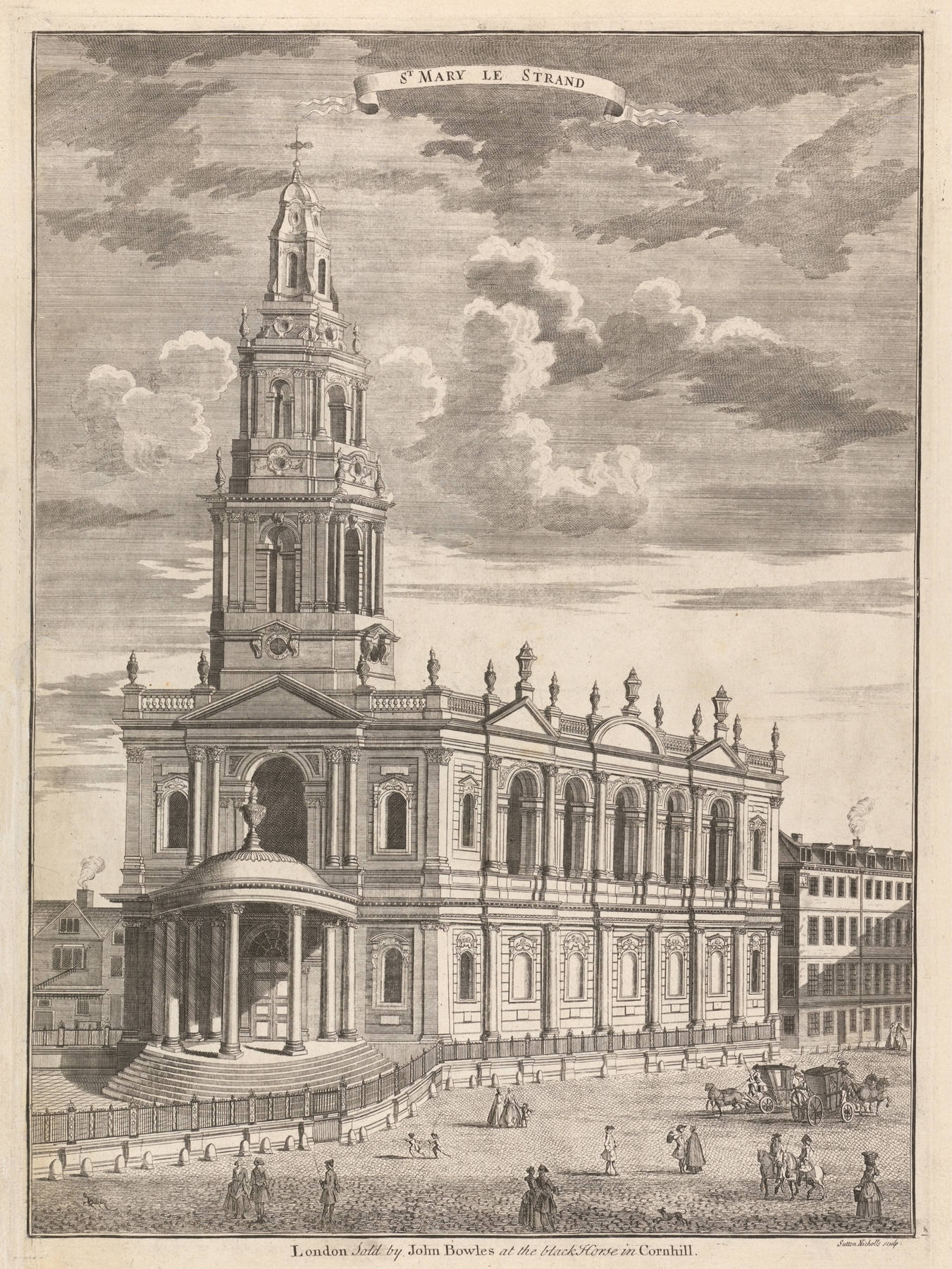 Rococo architecture of St. Mary le Strand by Sutton Nicholls, oil painting