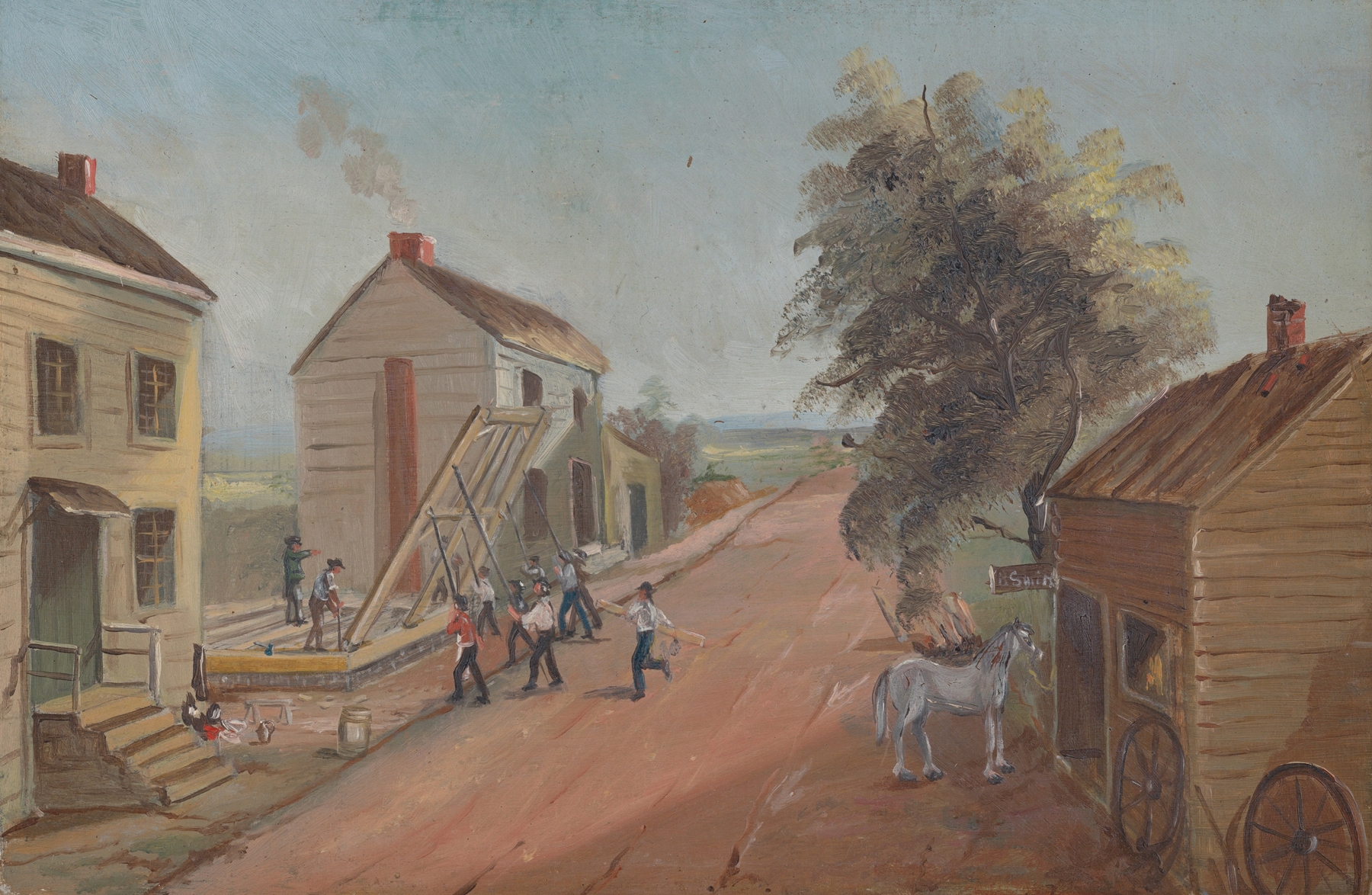 House Raising by William P. Chappel, depicting builders raising a wooden frame, realism