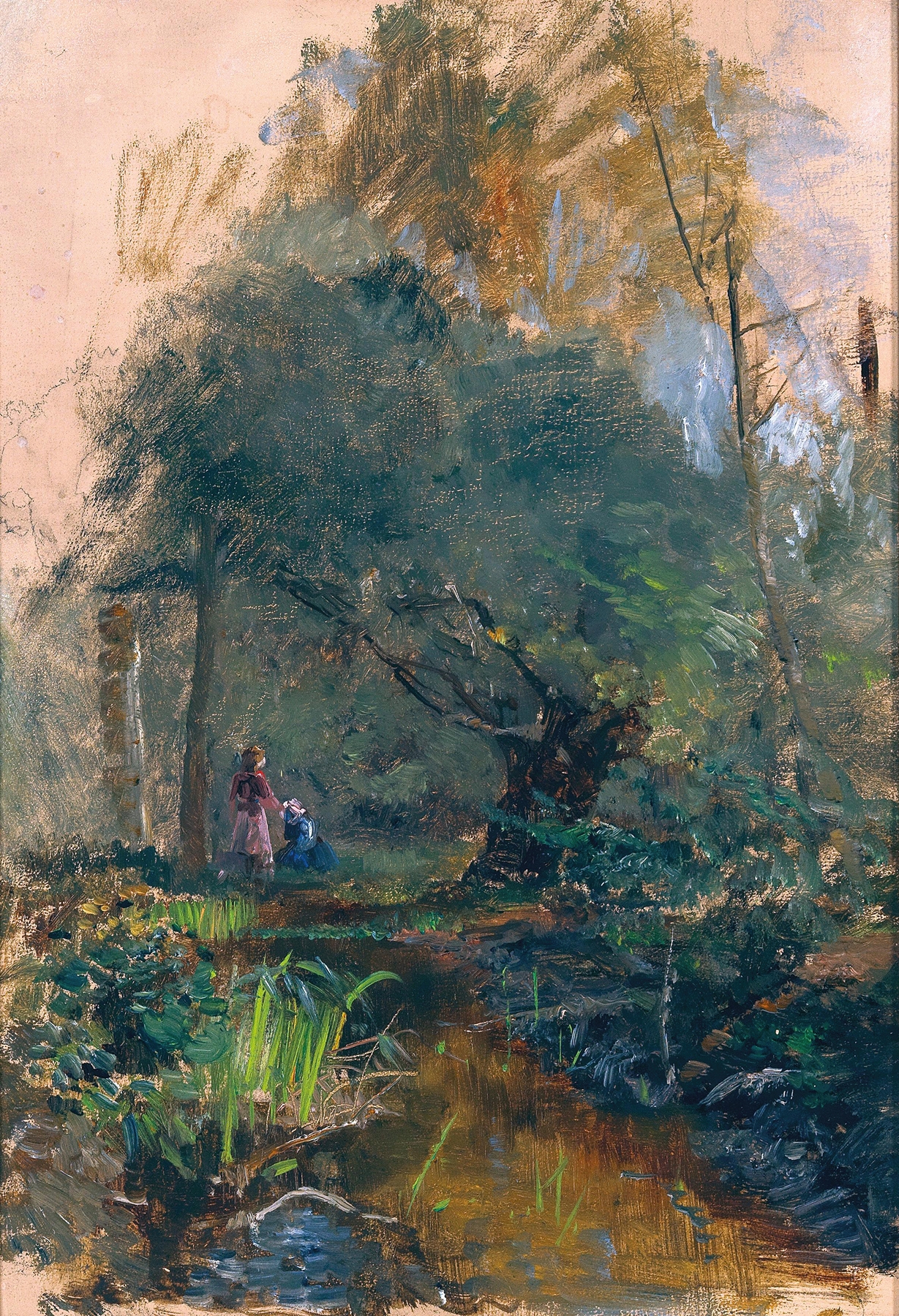 Children by a Mountain Creek, oil on canvas by Marie Egner, depicting children playing by a flowing creek.