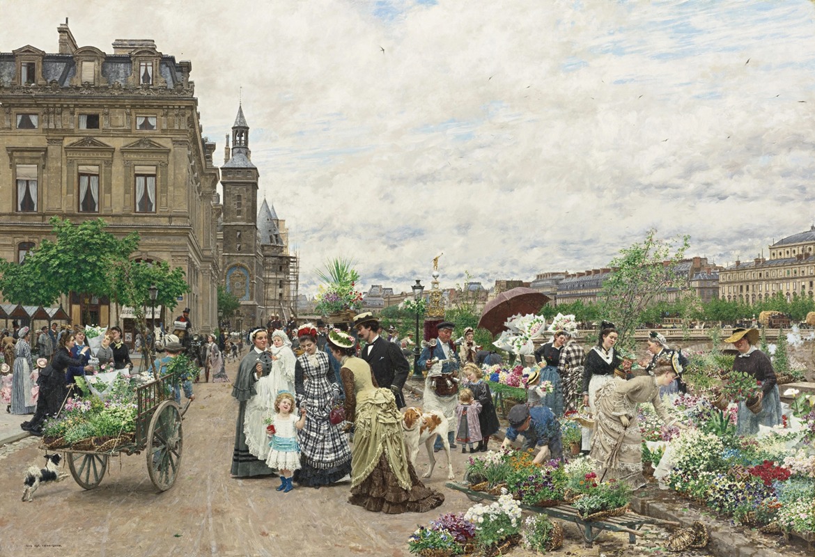 A vibrant landscape painting featuring a flower market.