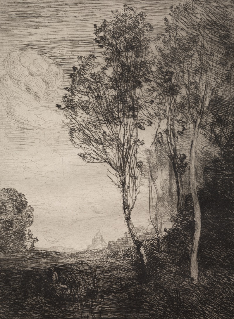 A serene landscape painting by Jean-Baptiste-Camille Corot depicting the beauty of Italy.