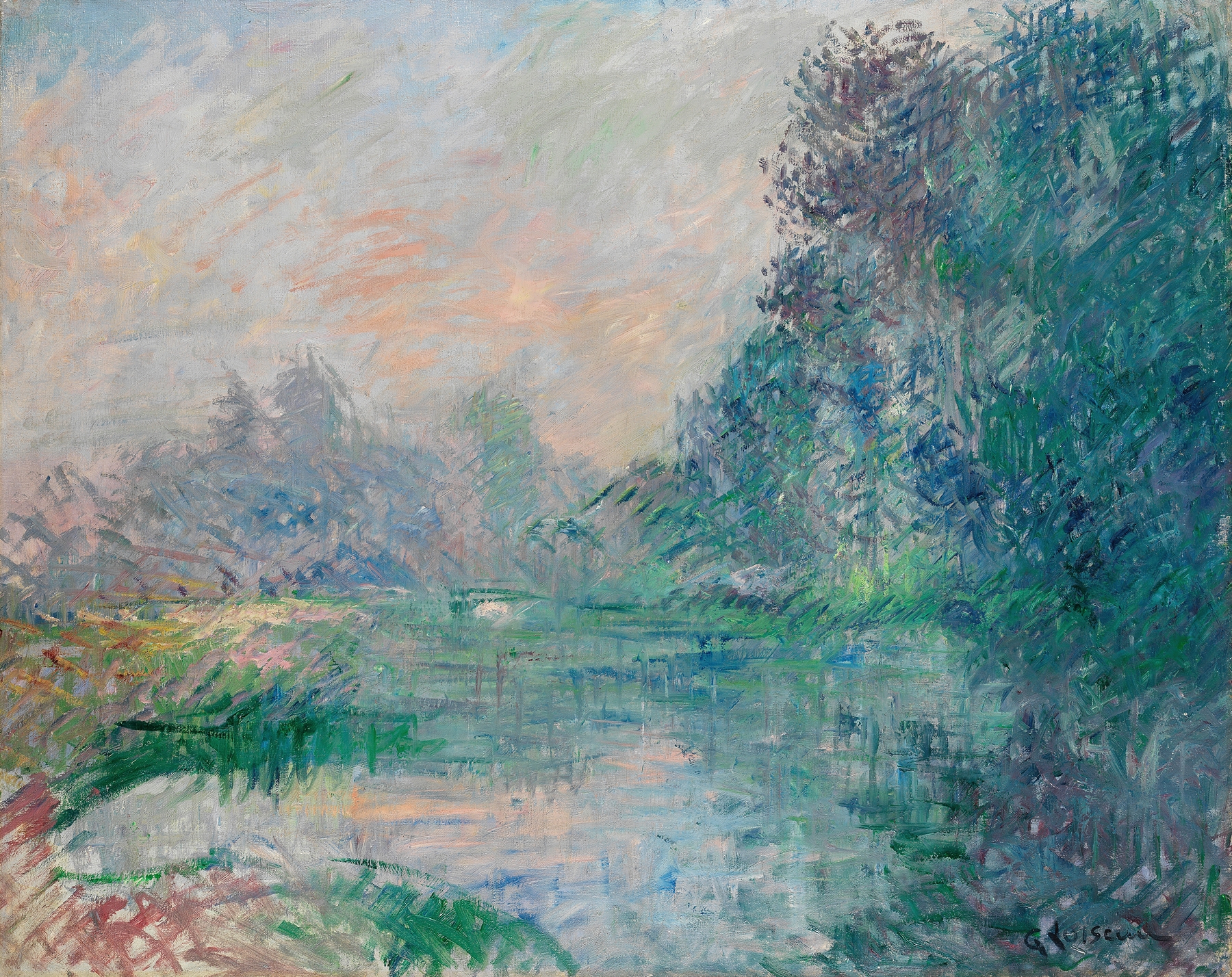 Bord de l’Eure, effet du matin by Gustave Loiseau, oil on canvas depicting a tranquil river at dawn.