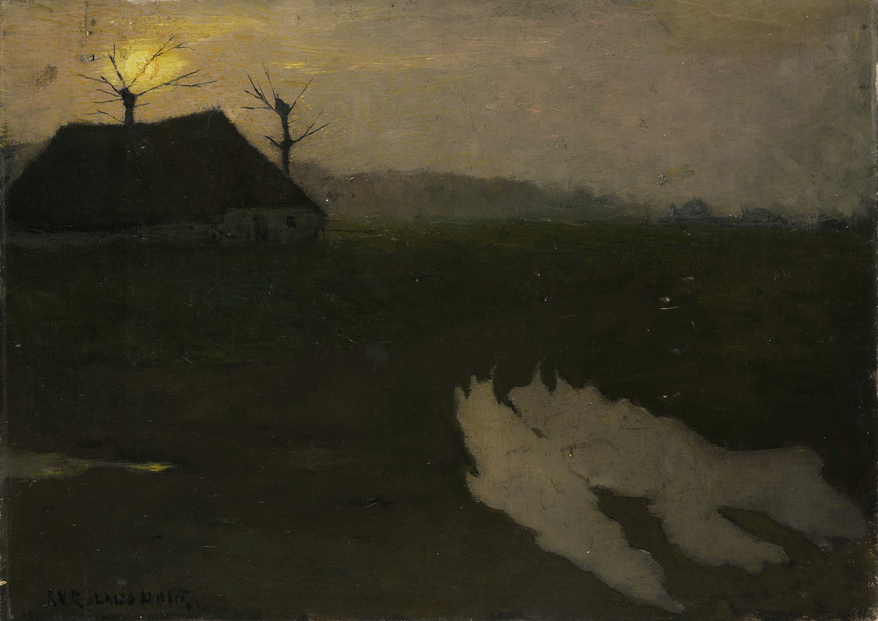 Landscape by Moonlight, oil on canvas by Richard Nicolaüs Roland Holst, featuring a glowing moon over water.