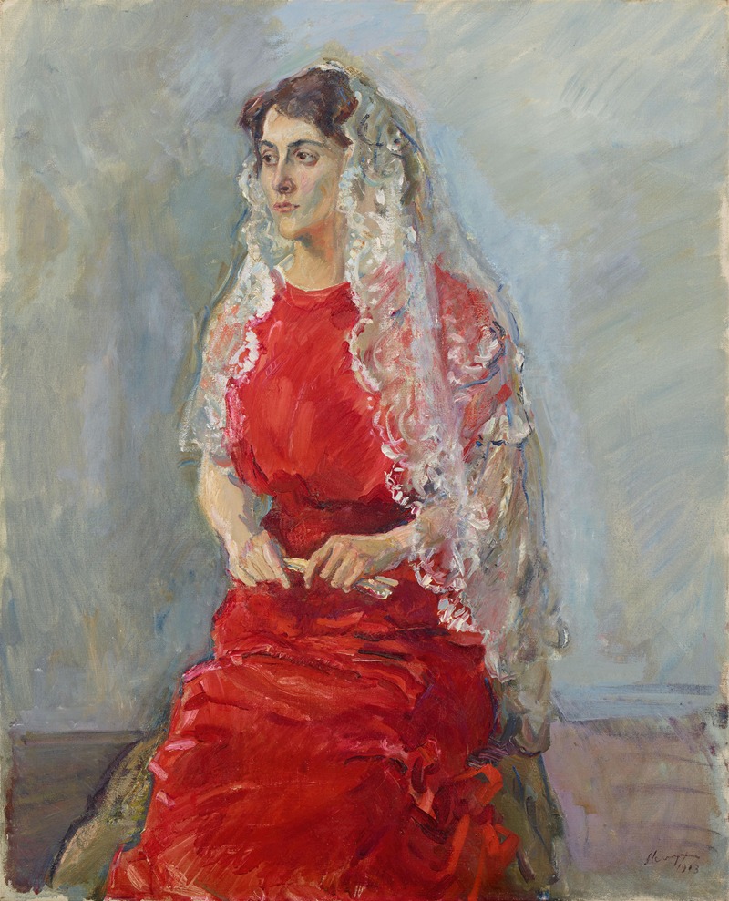 A portrait of Dora Stach-Steinbart wearing a lace mantilla by Max Slevogt.