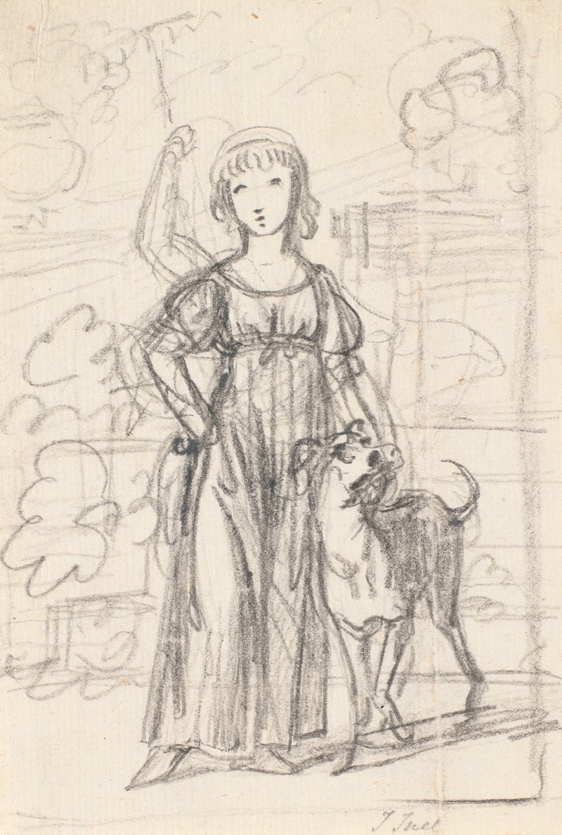 A young girl stands by a staircase with her dog, showcasing a moment of companionship.