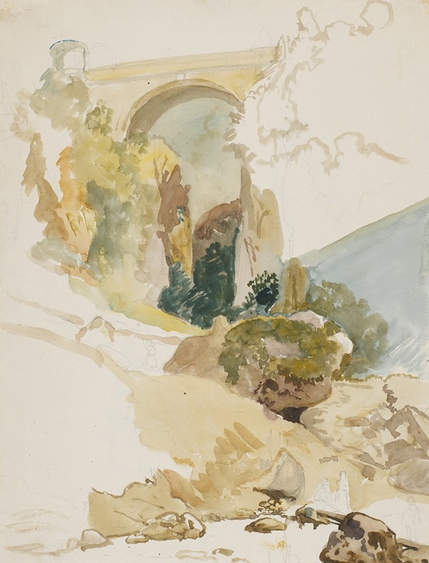 A landscape painting featuring a bridge over a gorge.