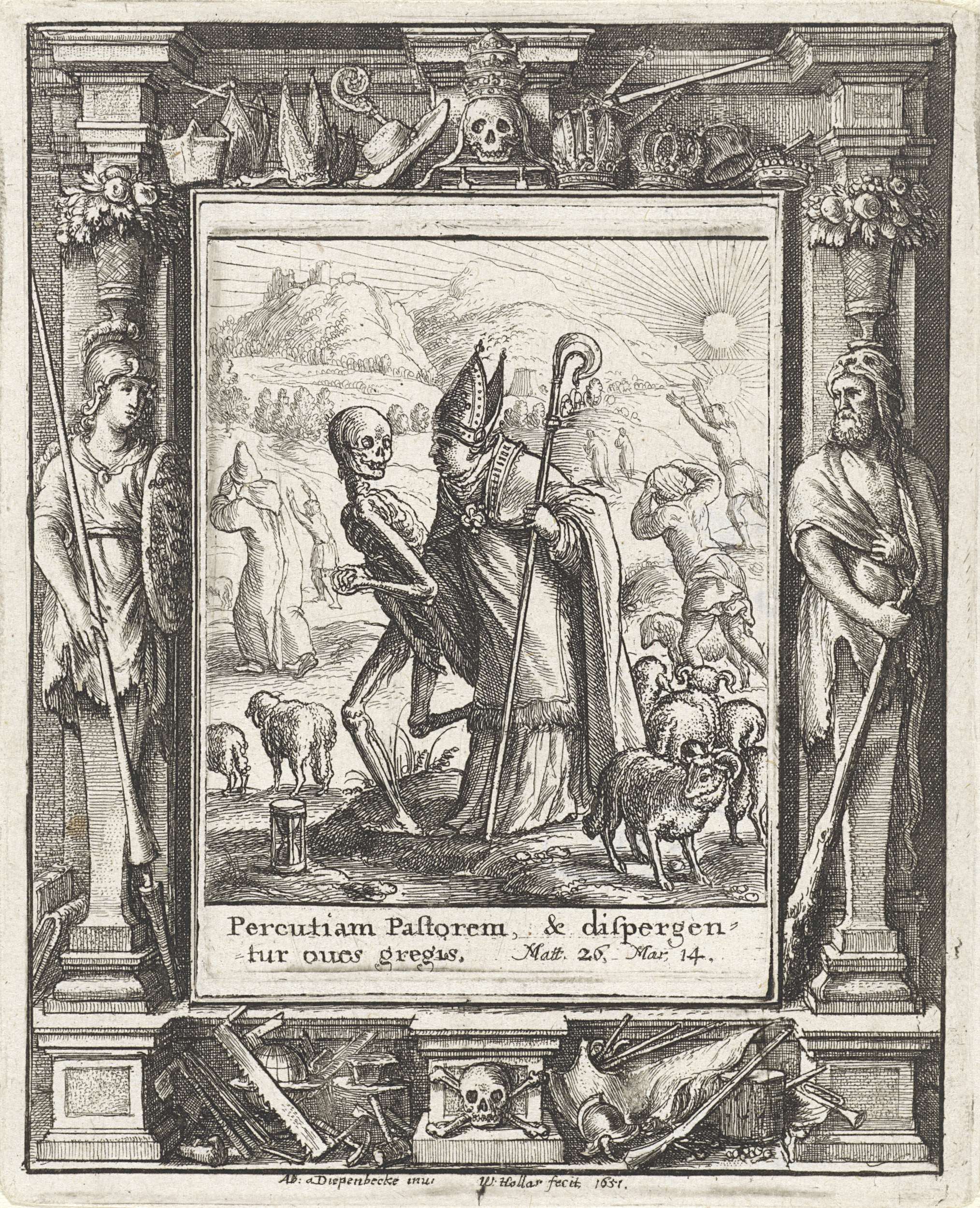 Etching by Wenceslaus Hollar depicting a bishop in prayer within a somber scene.