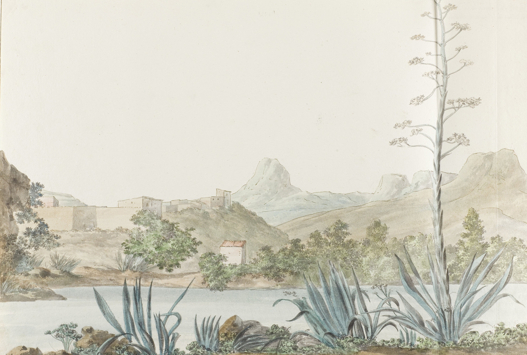 Landscape featuring the river Platani and Agrigento by Abraham-Louis-Rodolphe Ducros, oil painting.