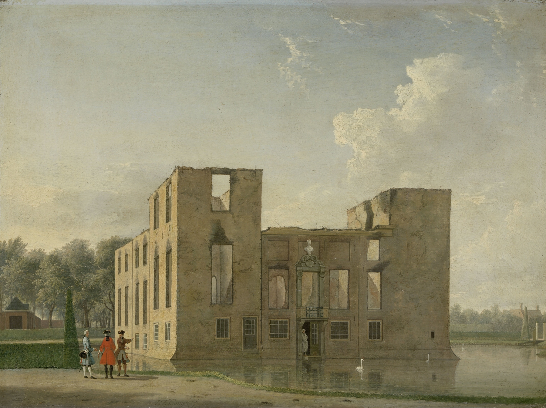 Rear View of Berckenrode Castle in Heemstede after the Fire, oil painting by Jan ten Compe