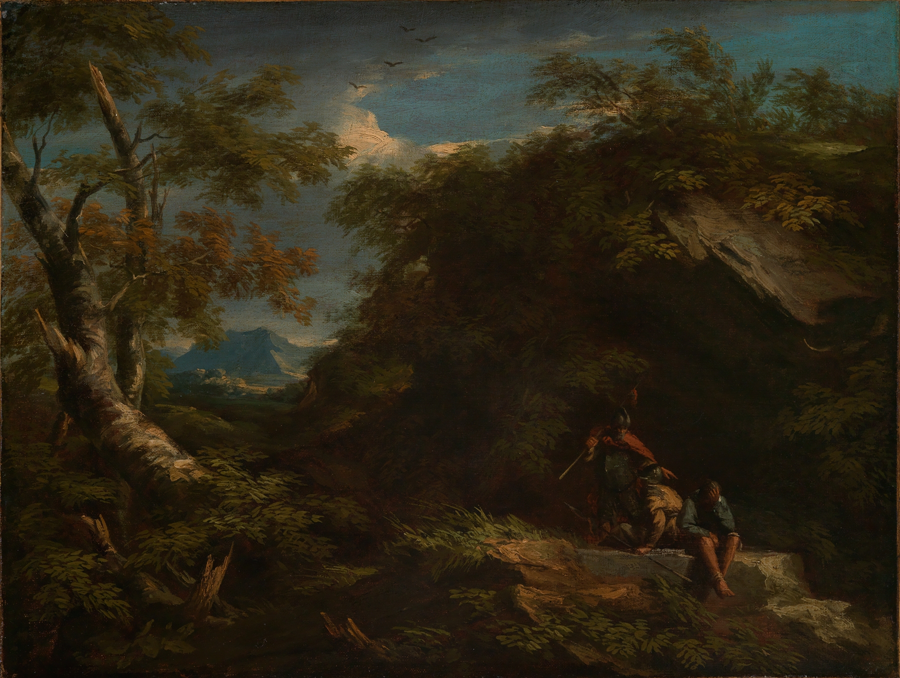 Mountainous forest landscape with resting warriors by Salvator Rosa, oil painting