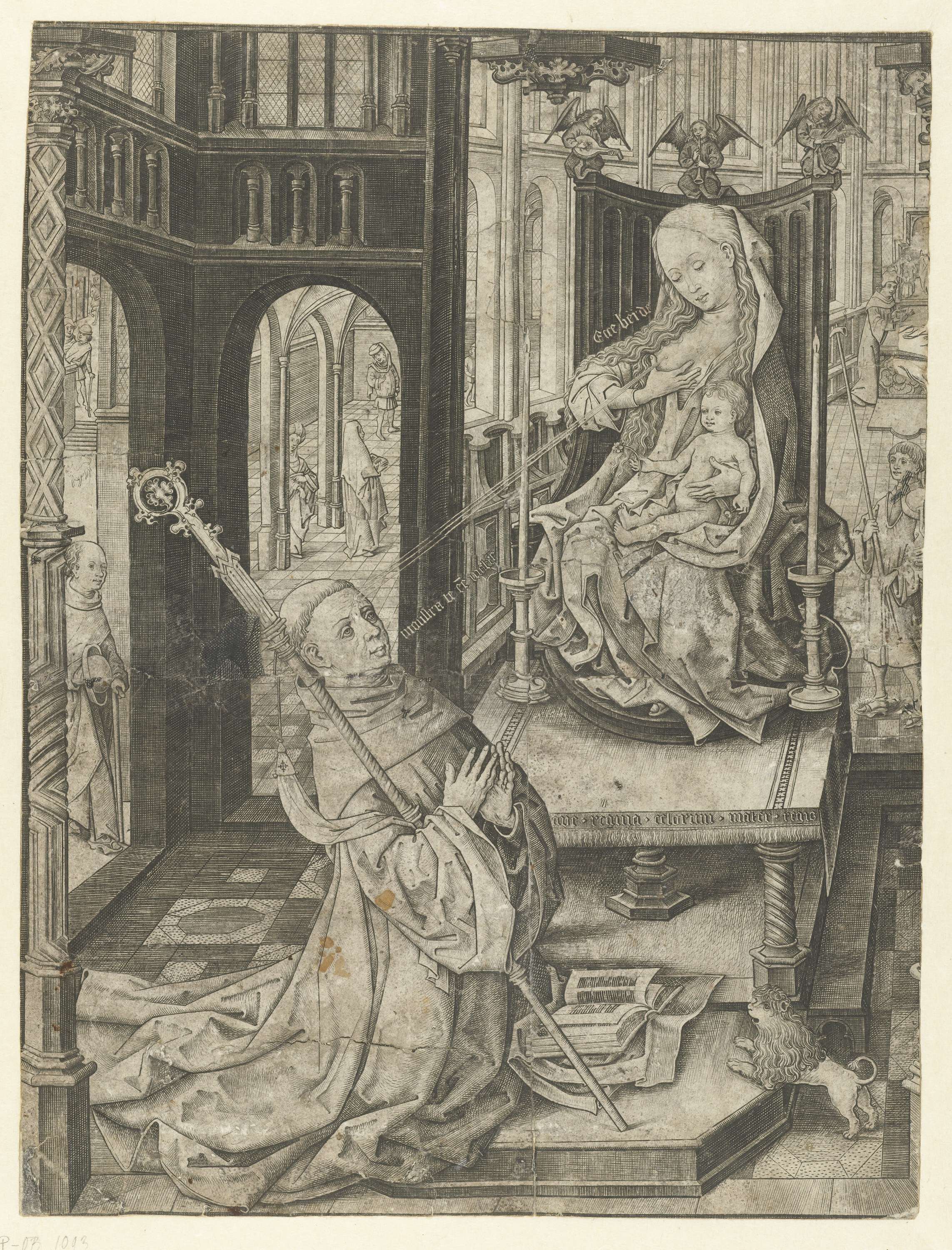 Engraving by Meester IAM van Zwoll depicting St. Bernard kneeling before Madonna and Child